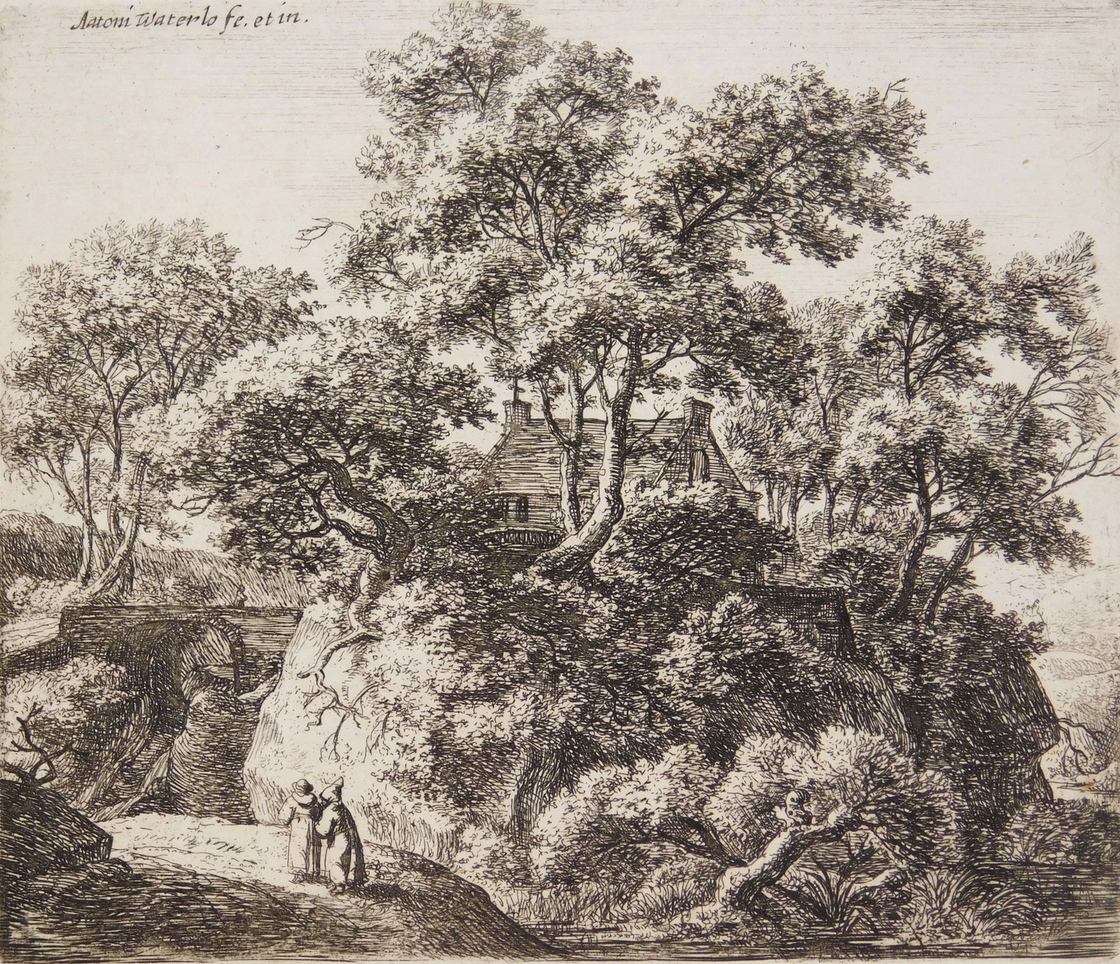 Anthonie Waterloo (Flemish, 1609-1690) etching: Wooded Landscape with Two Figures etching. 5 x 5 3/4" Provenance: Private collection- Fort Myers, FL *** PLEASE READ: IMPORTANT NOTE About S&H *** S&H of this auction will be handl