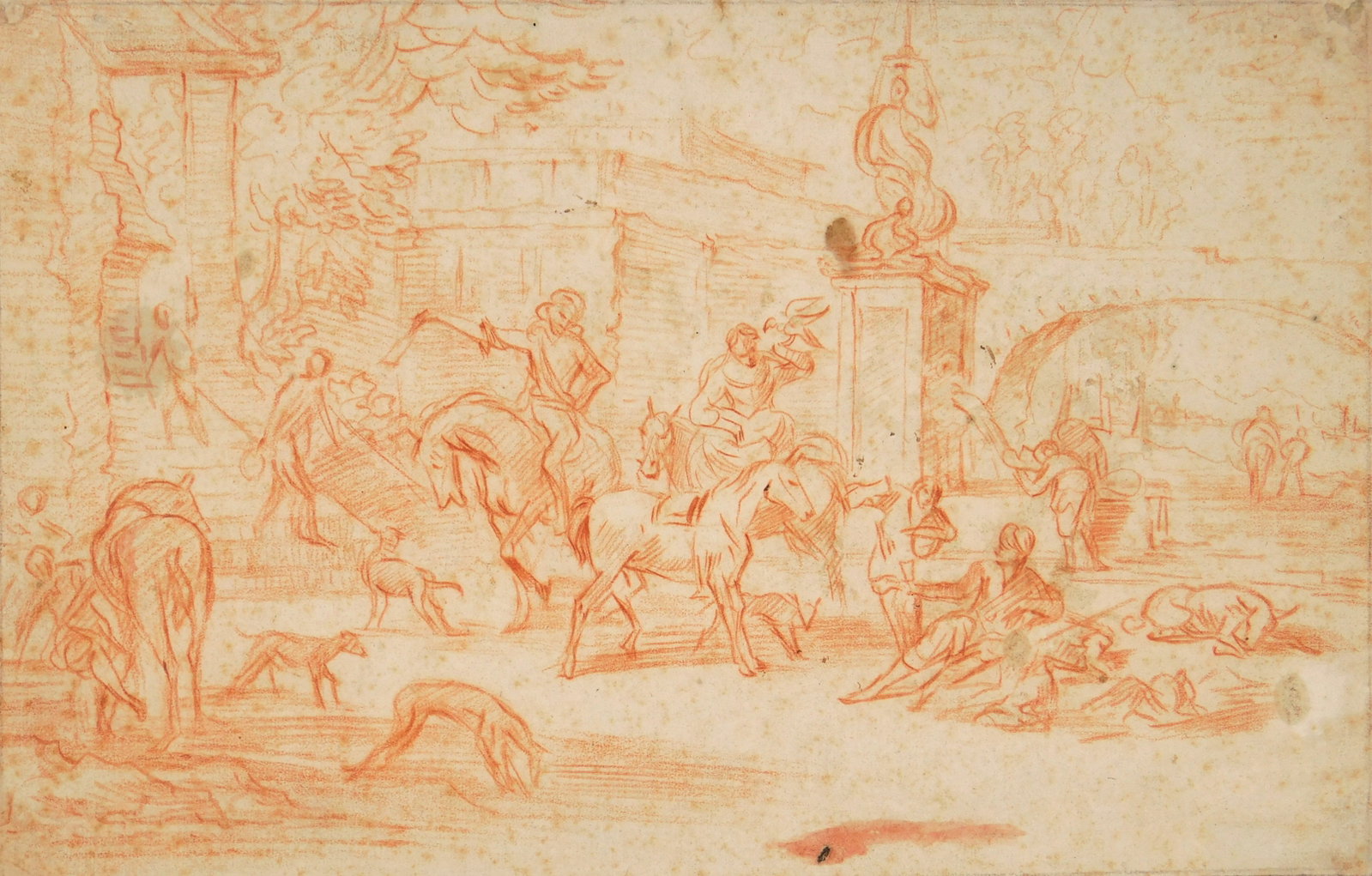 after Philips Wouwerman (Dutch, 1619-1668) pencil drawing: Noble Hunting Party colored pencil on paper. 7 3/8 x 11 1/2" Provenance: Private collection- Fort Myers, FL *** PLEASE READ: IMPORTANT NOTE About S&H *** S&H of this auction will b