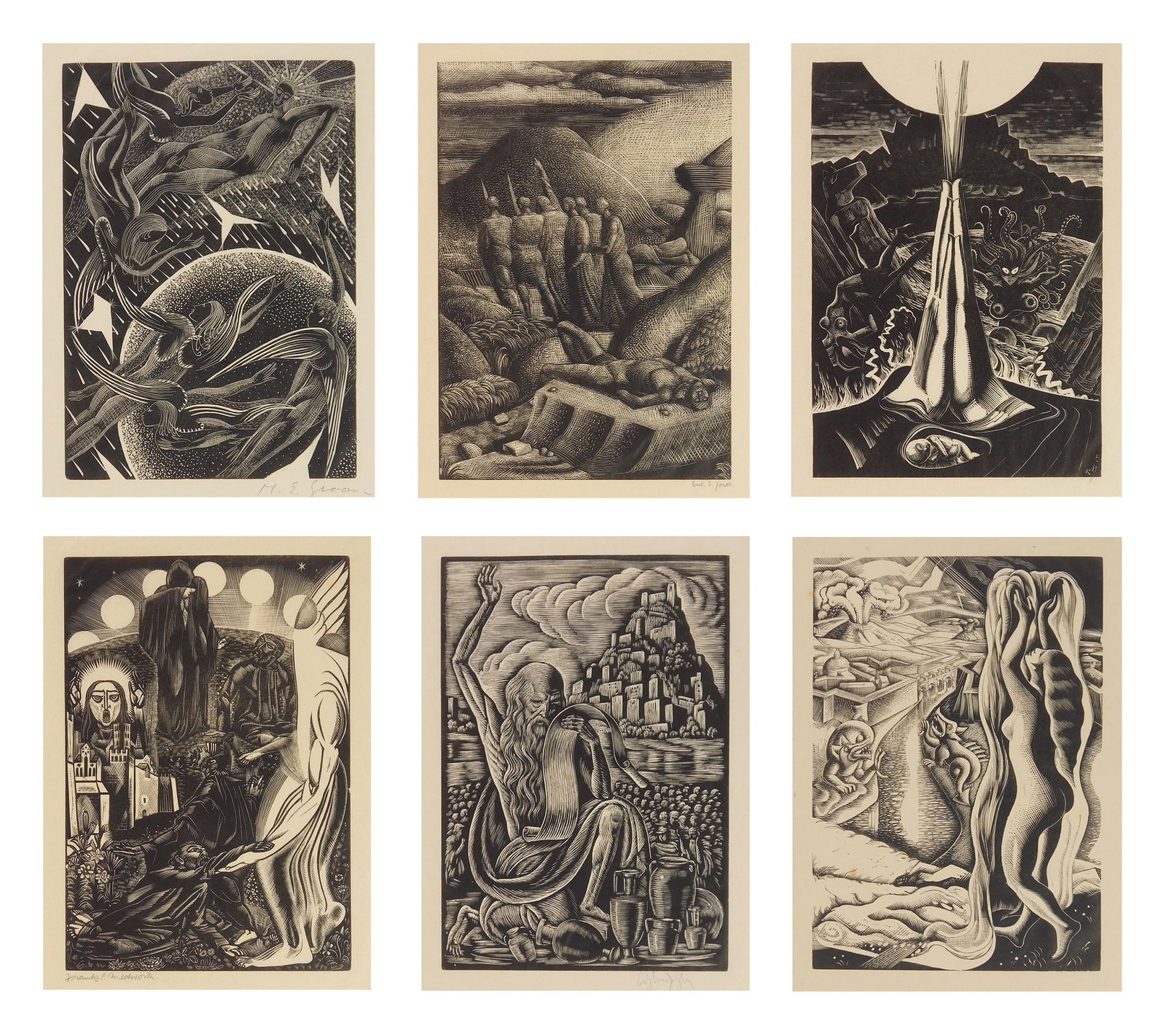 6 20th c. European wood engravings: Untitled artist include M. E. Groom, Eric Jones; Eric Kennington; Frank Medworth ; Wladizlaw Skoczylas & Leon Underwood, all signed in pencil except the Kennington and Undersood. 7 x 5"