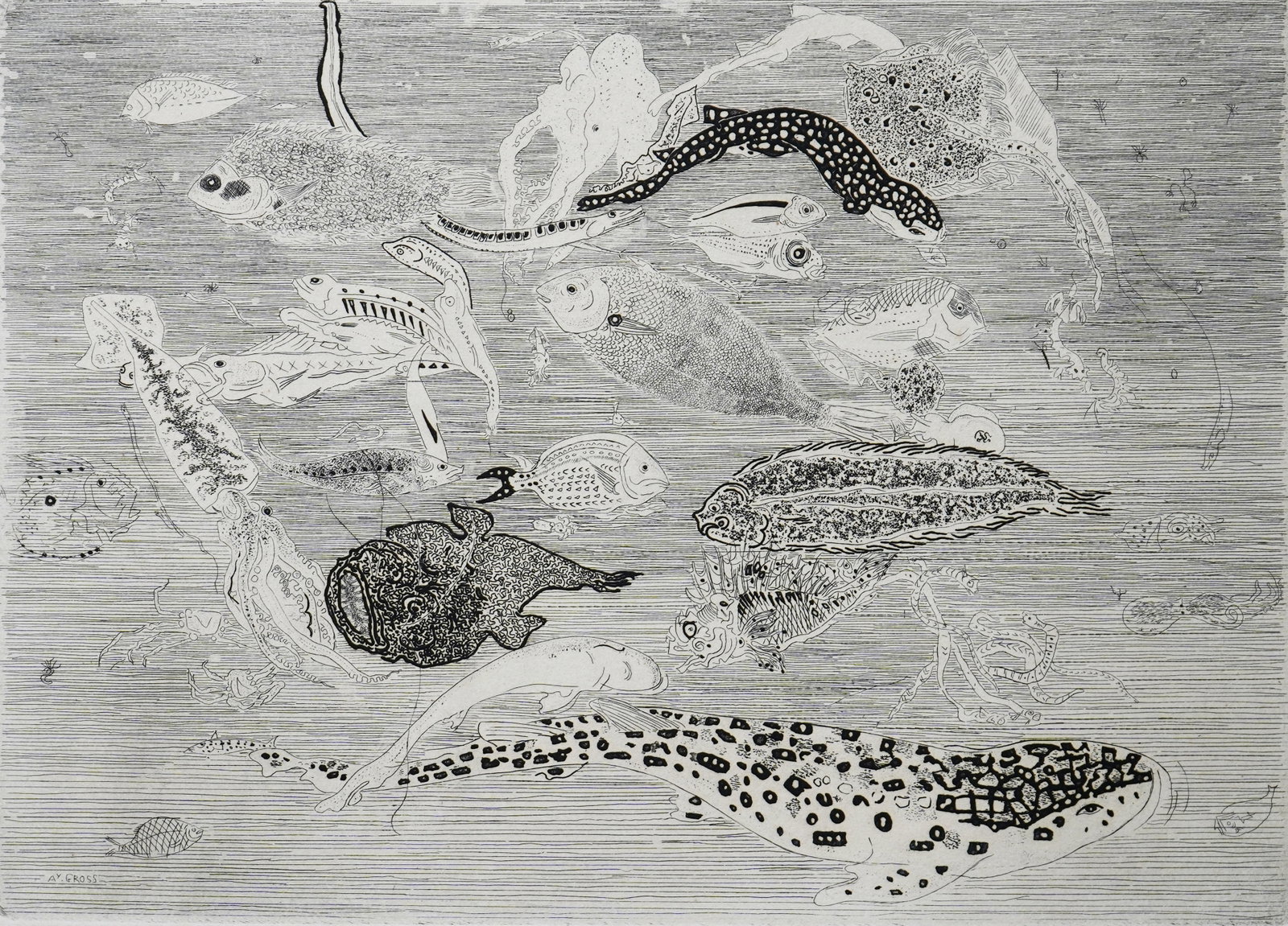 Anthony Gross (British, 1905-1984) etching: Poissons etching, signed, titled and numbered 199/200 in pencil. 9 1/2 x 13 1/2" Provenance: Private collection Cleveland, OH *** PLEASE READ: IMPORTANT NOTE About S&H *** S&H of t
