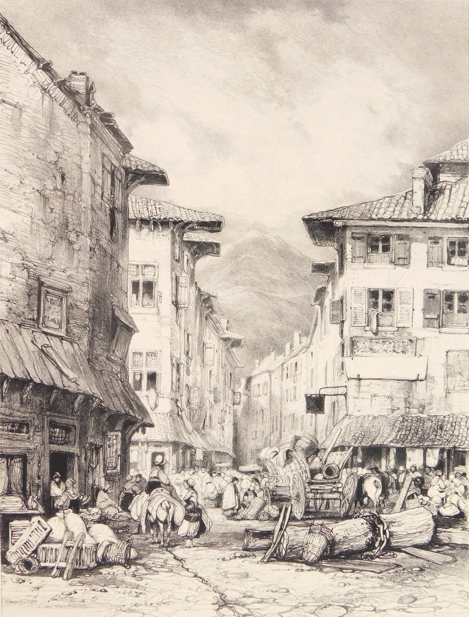 Eugene Isabey (French, 1803-1886) lithograph: Rue des Gras a Clermont lithograph on chine colle, 11 1/2 x 8 1/2" Provenance: Private collection- Cleveland, OH *** PLEASE READ: IMPORTANT NOTE About S&H *** S&H of this auction will be