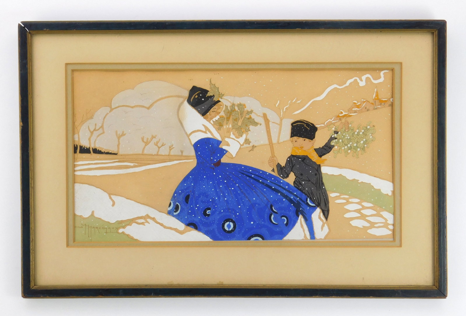 Gaston Maréchaux (French, 1872-1936) pochoir: Gathering Mistletoe pochoir in colors, framed. 7 x 13" Provenance: Private collection- Ashtabula, OH *** PLEASE READ: IMPORTANT NOTE About S&H *** S&H of this auction will be handl