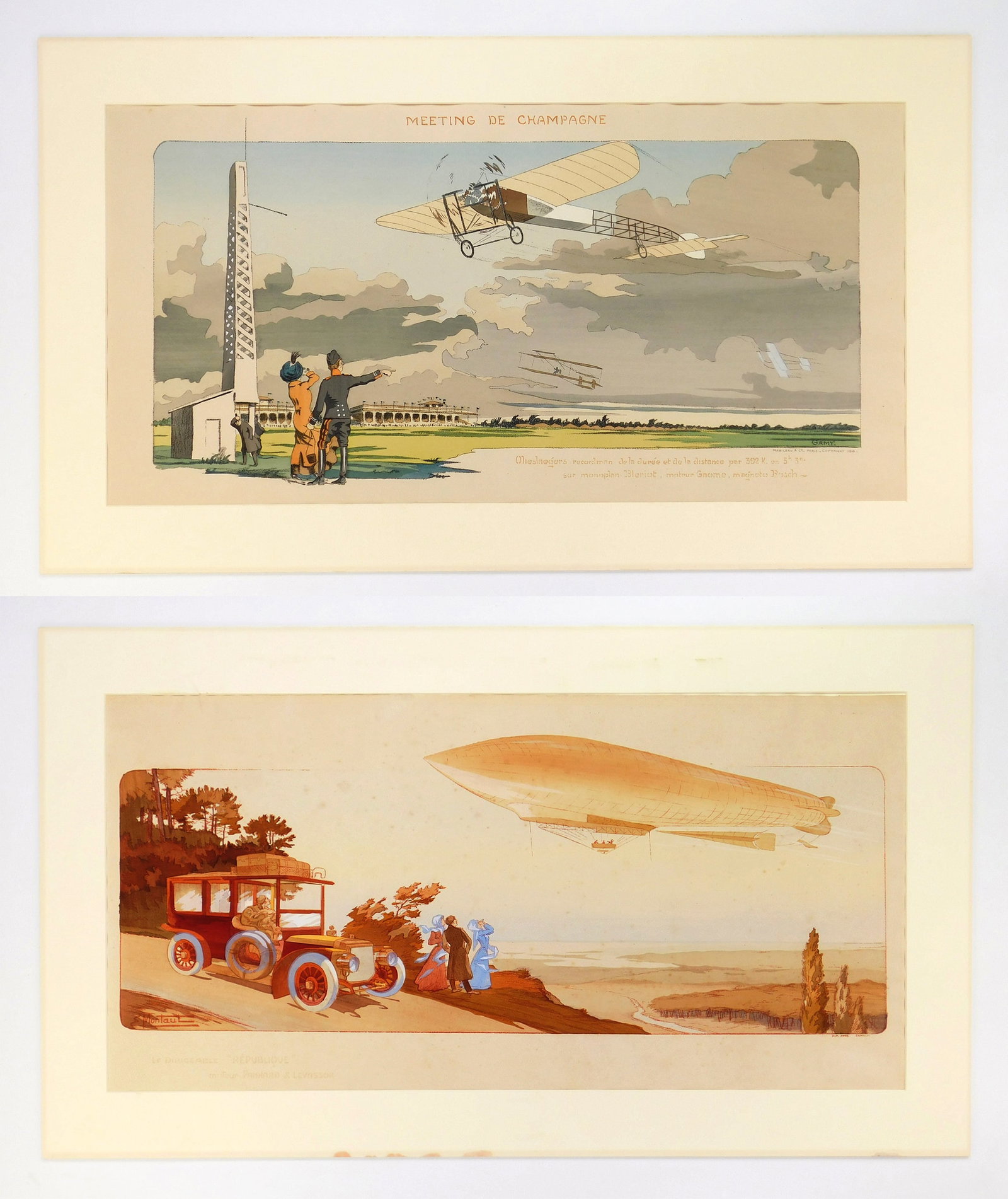 2 French chromolithographs by Montaut: 1). Ernest Montaut (1879-1909)- Le Dirigible Republic 2). Gamy (Marguerite Montaut 1883-1936)- Meeting de Champagne 2 chromolithographs. 17 3/4 x 35 3/8" &nb