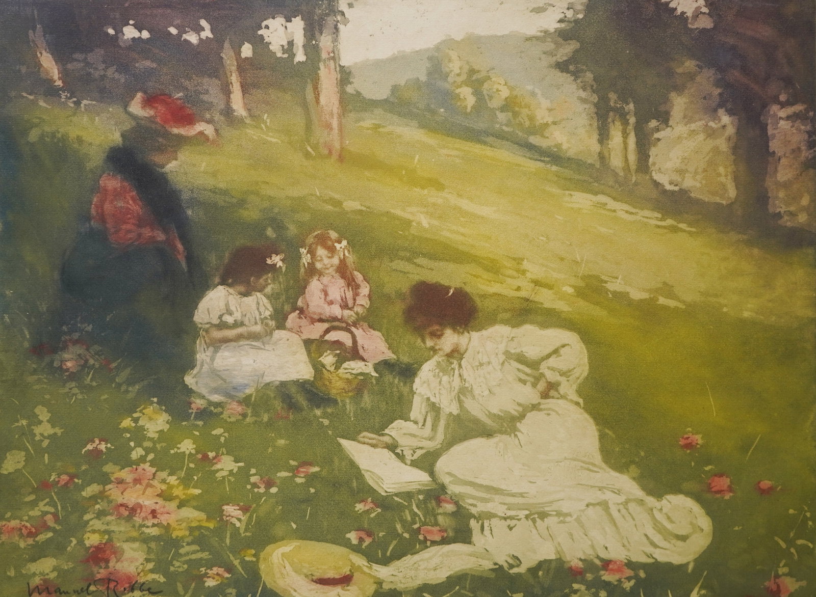 Manuel Robbe (French, 1872-1936) etching and aquatint: Sieste etching and aquatint in colors, ca. 1906, signed in pencil in the image. 14 3/8 x 19 3/8" Literature: Merrill Chase 81 Provenance: Private collection- Westlake, OH *** PLEASE READ: IMPOR