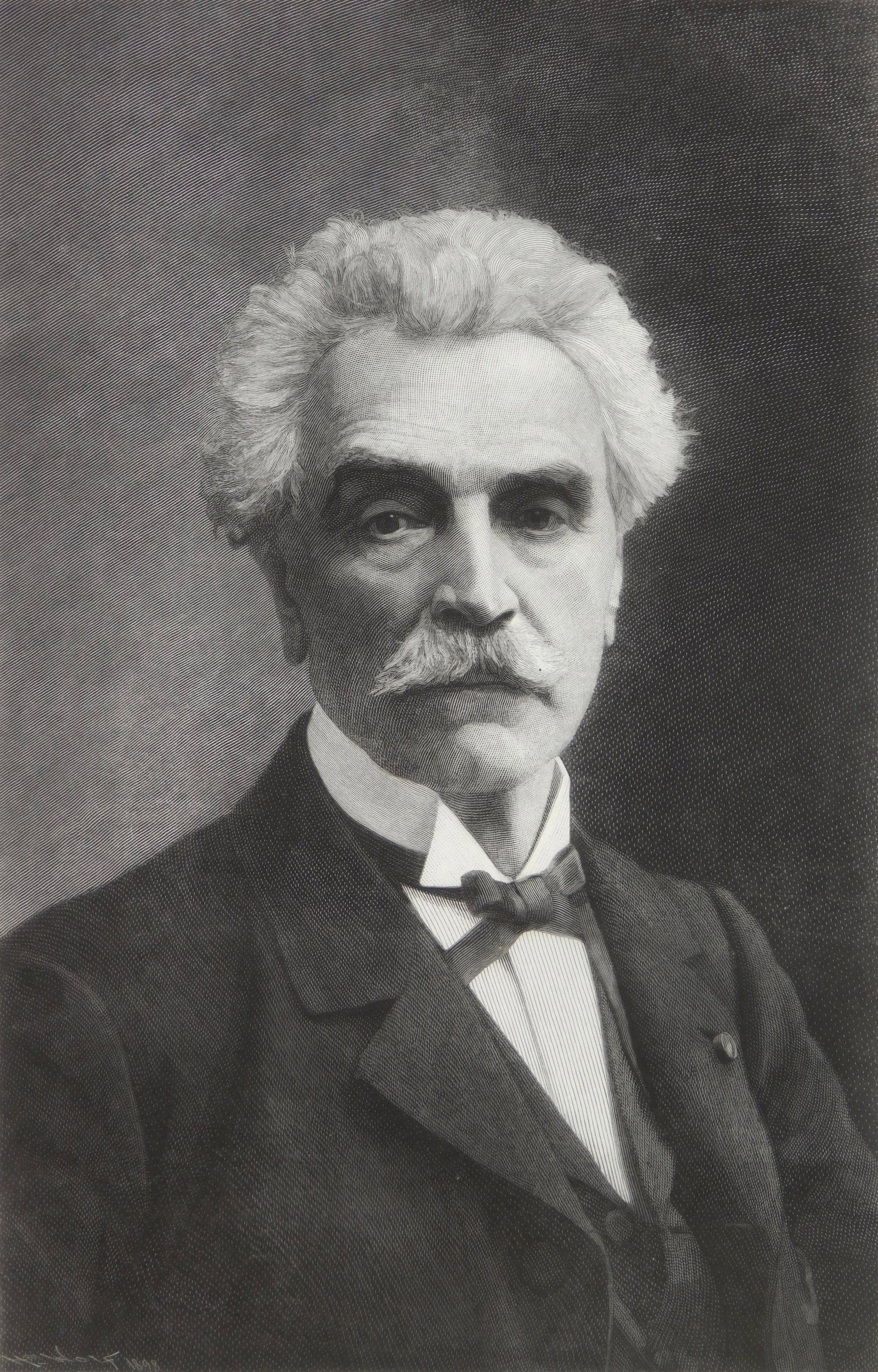 Henry Wolf (American, 1852-1916) wood engraving: Portrait of Jean Leon Gerome wood engraving on thin laid Oriental paper, signed in pencil. 7 5/8 x 5" Together with a Merv Corning sketches of football players on tissue paper and a Larry Greer w