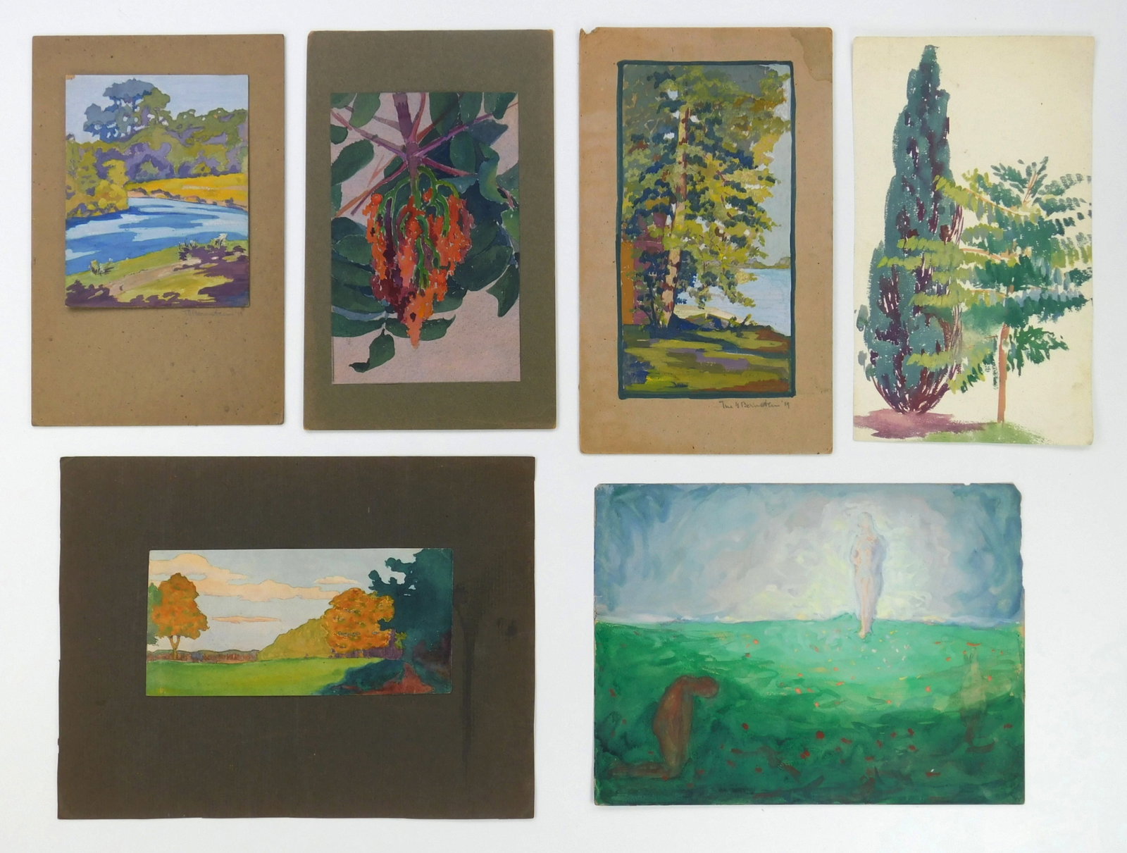6 20th c. Arts and Craft style watercolors: Landscapes (5) & Floral Study (1) 6 gouache and or watercolor on paper, 2 are signed T. G. Bernstein and dated 1919.in pencil. 9 x 12" (largest image). Provenance: Privat