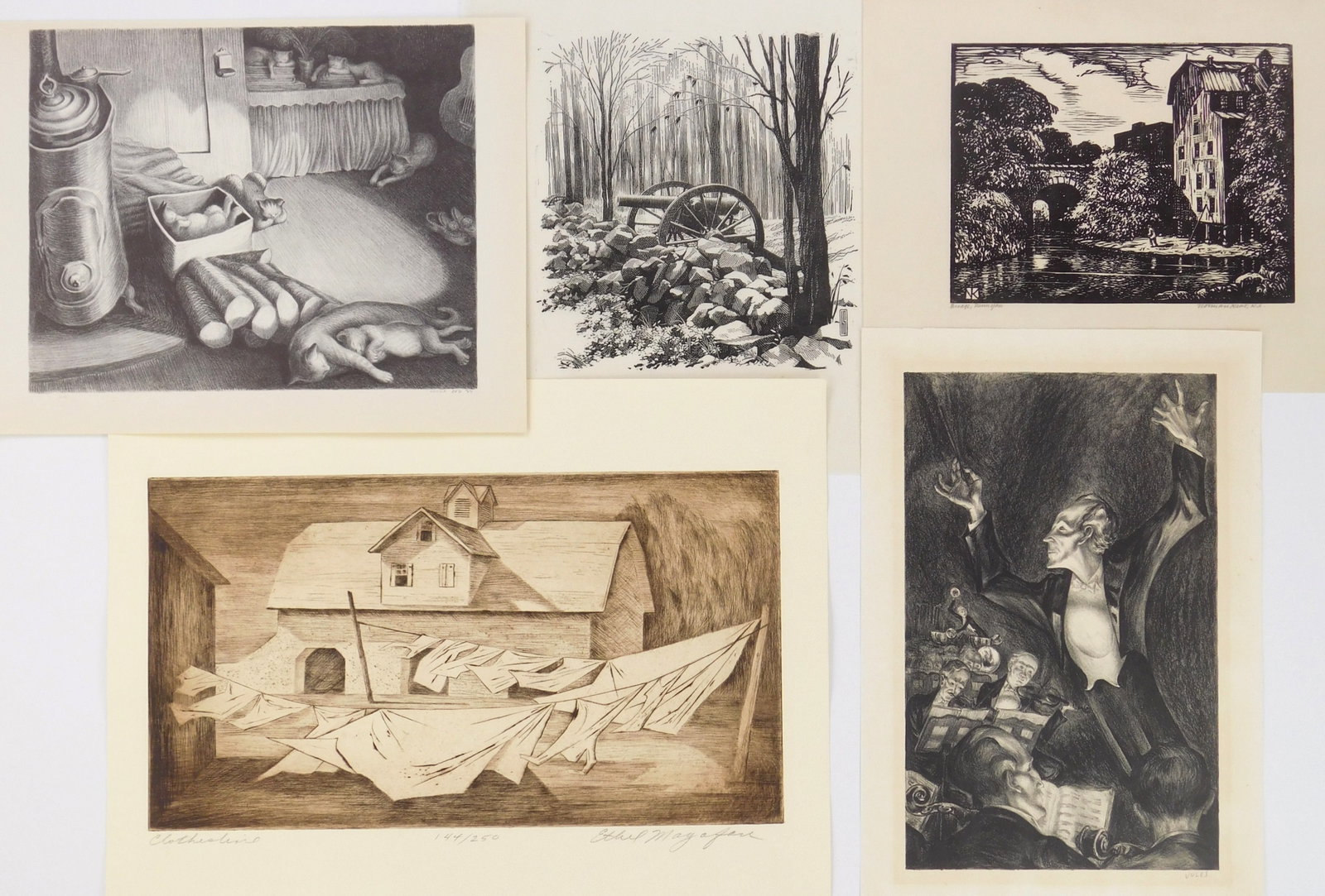 5 American prints: 1). Mervin Jules (1912-1994)- Crescendo- lithograph, signed in pencil, slightly light struck. 10 7/8 x 6 7/8" 2). Norman Kent (1903-1972)- Bridge, Penn Yan- woodcut, signed
