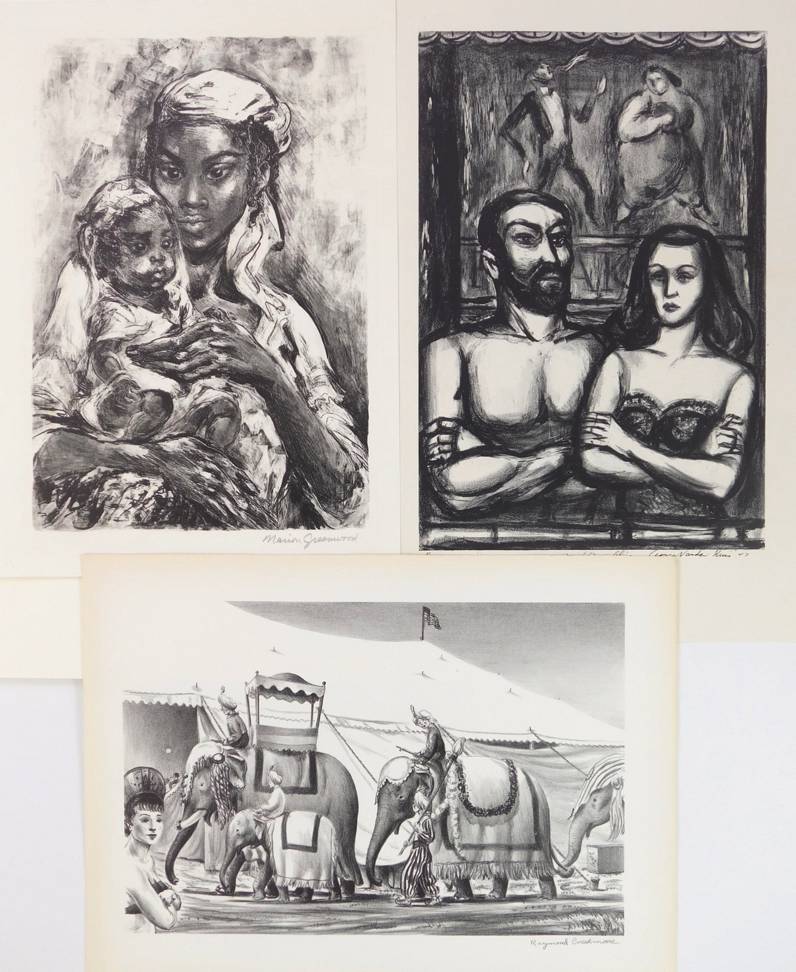 3 American lithographs: 1). Raymond Creekmore (1905-1984)- Circus- singed in pencil. 9 x 13 1/2" 2). Marion Greenwood (1909-1970)- Carib Mother- signed in pencil. 13 1/8 x 9 1/8"