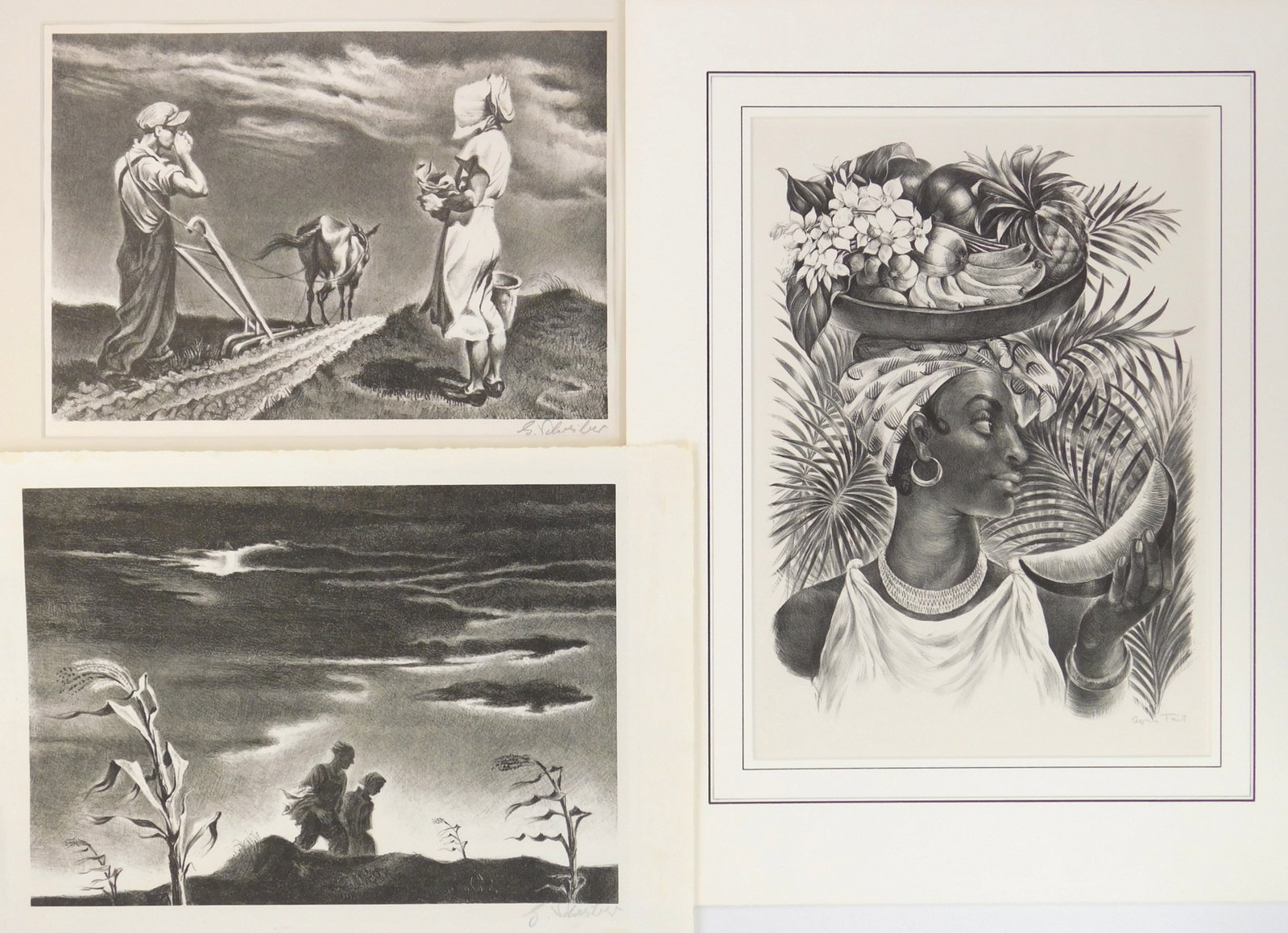 3 20th c. American lithographs: 1 & 2). Georges Schreiber (American, 1904-1977)- Noon & Twilight- 2 lithographs, both signed in pencil, editions of 250 ea. 9 1/4 x 13"; 10 x 14" 3). Agnes Tai