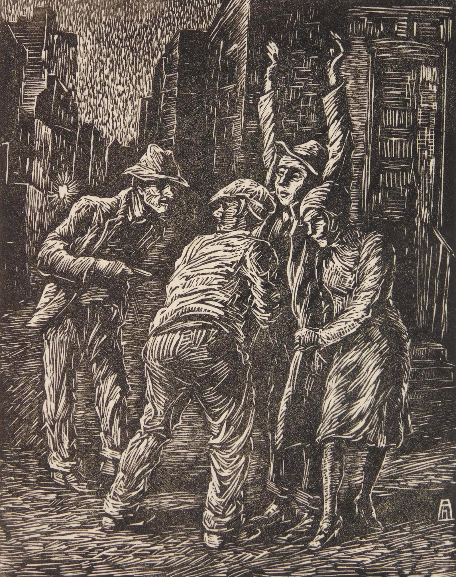 Albert Abramovitz (American, 1879-1963) linocut: The Hold-Up linocut, ca. 1935, signed in pencil, edition of about 25. 6 3/4 x 5 1/2'' Provenance: Private collection- Montreal, Canada *** PLEASE READ: IMPORTANT NOTE About S&H ***<