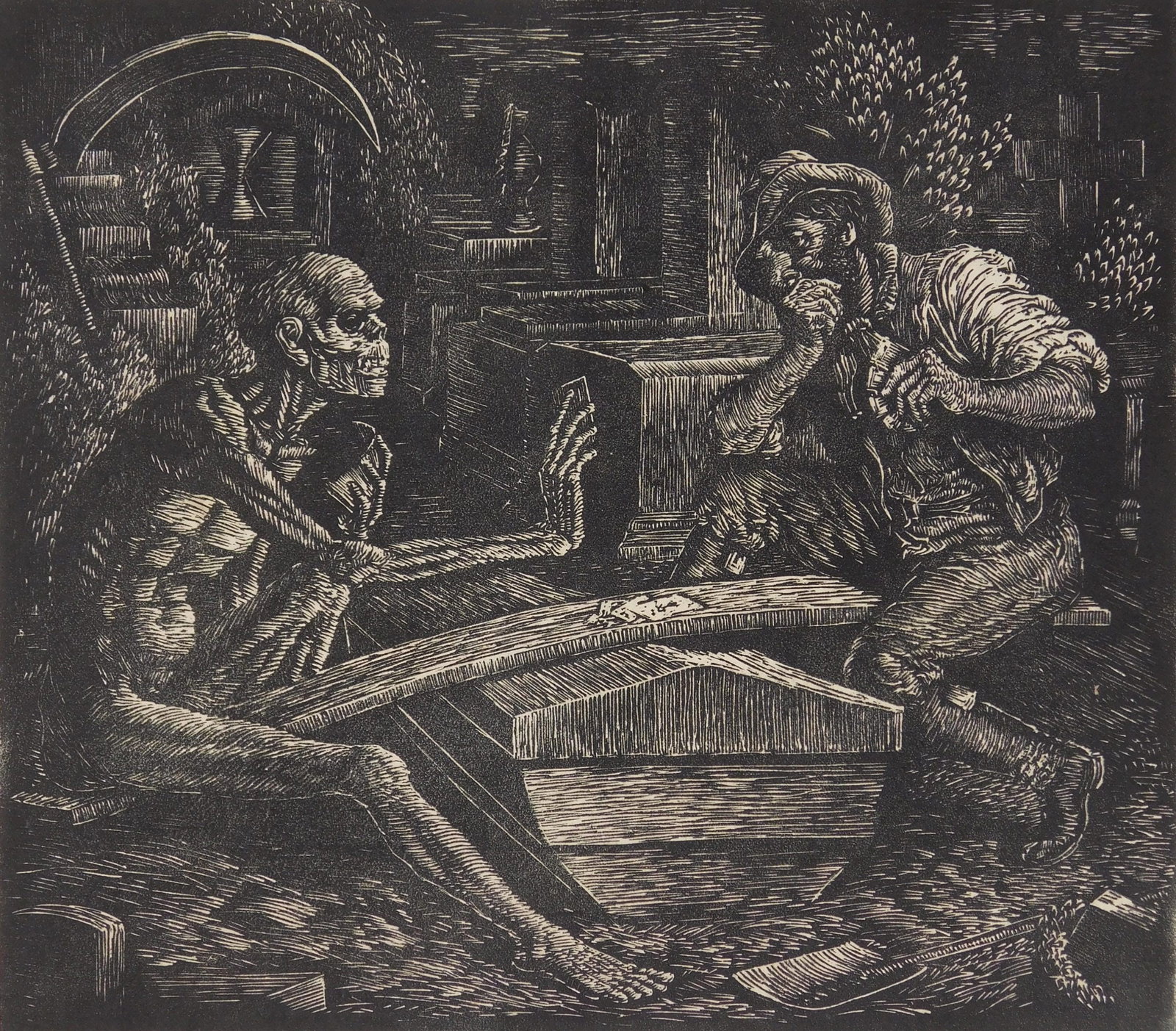 Albert Abramovitz (American, 1879-1963) wood engraving: The Gamblers wood engraving, 1932, signed in pencil, edition of about 25, done for the WPA. 9 1/2 x 10 3/4" Provenance: Private collection- Montreal, Canada *** PLEASE READ: IMPORTANT NOTE 