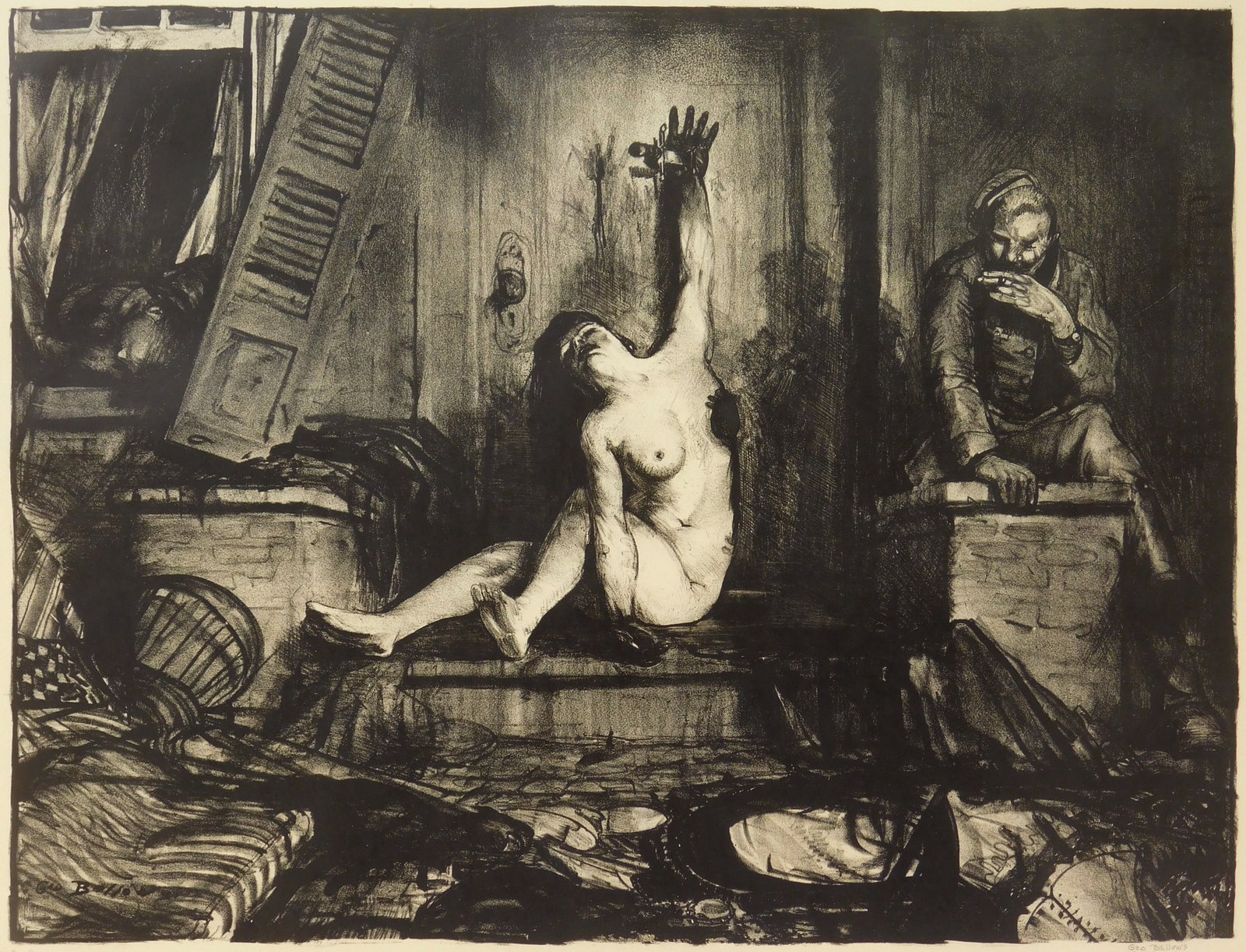 George Bellows (American, 1882-1925) lithogrraph: The Cigarette lithograph, 1918, estate signed by the daughter Jean Bellows Booth and No. 9 in pencil, from the series War. 14 1/2 x 19 1/4" Literature: Mason 57 Provena