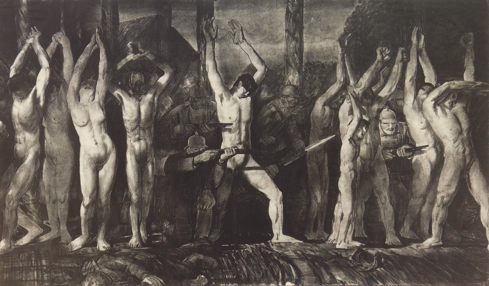 George Bellows (American, 1882-1925) lithograph: The Barricade lithograph, 1918, estate signed by the daughter Jean Bellows Booth and No. 23 in pencil, from the series War. 17 1/8 x 29 1/4" Literature: Mason 62 Proven