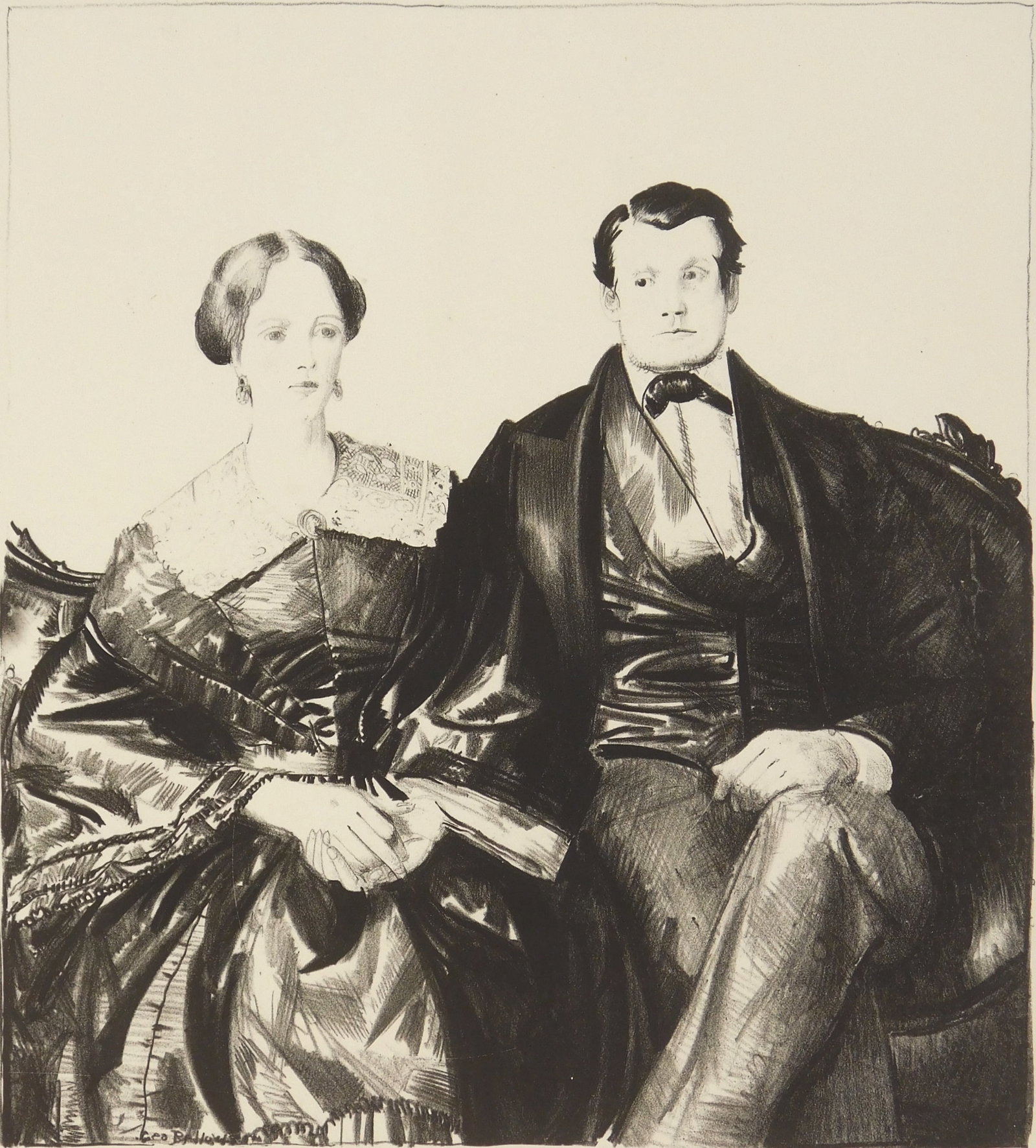 George Bellows (American, 1882-1925) lithograph: Auntie Mason and Her Husband lithograph, 1923-24, signed and titled in pencil, also signed in pencil by the printer Bolton Brown, edition of 51. 10 x 9'' Literature: Mason 180 Provenance:
