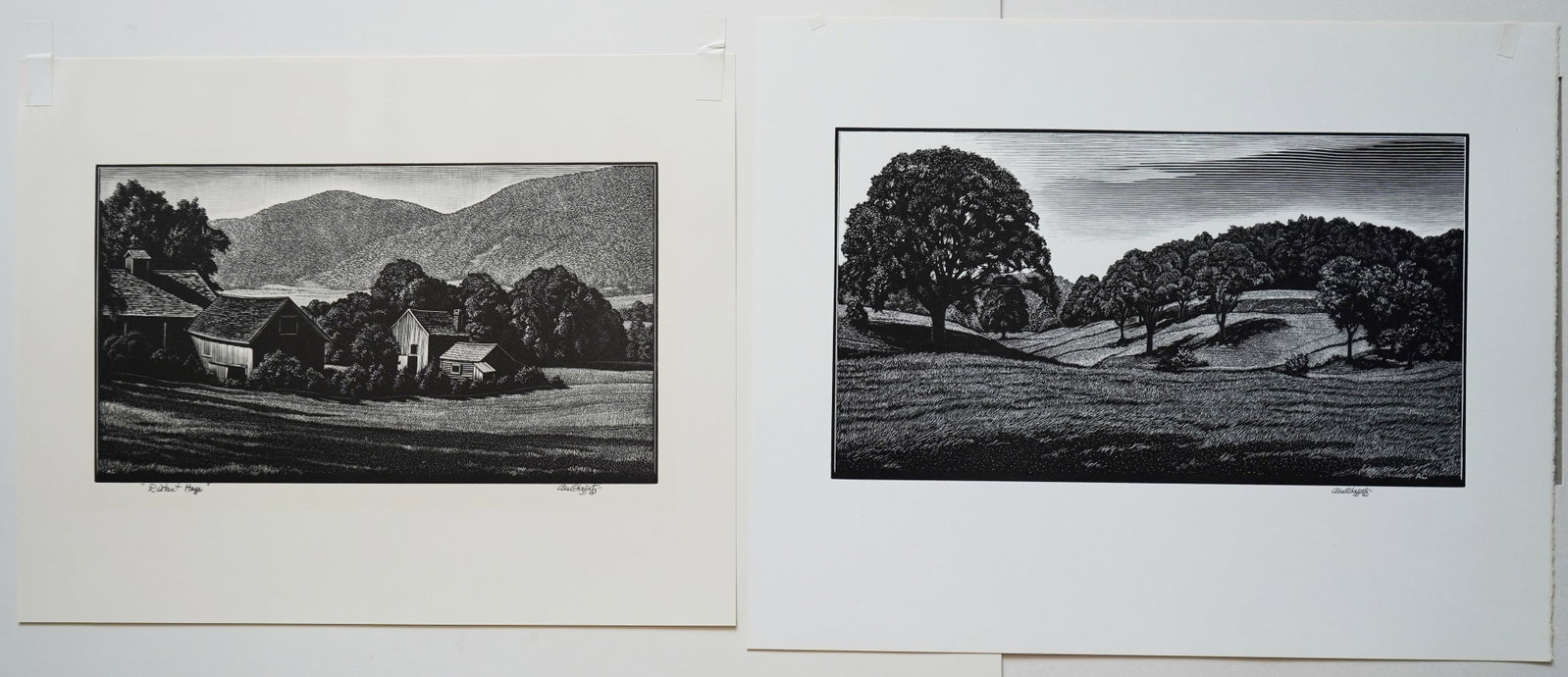 2 Asa Cheffetz (American, 1897-1965) wood engravings: 1). Distant Haze- wood engraving, 1941, signed and titled in pencil, AAA edition of 250.. 4 5/8 x 8 1/8'' 2). Country Scene- wood engraving, signed and titled in pencil, A