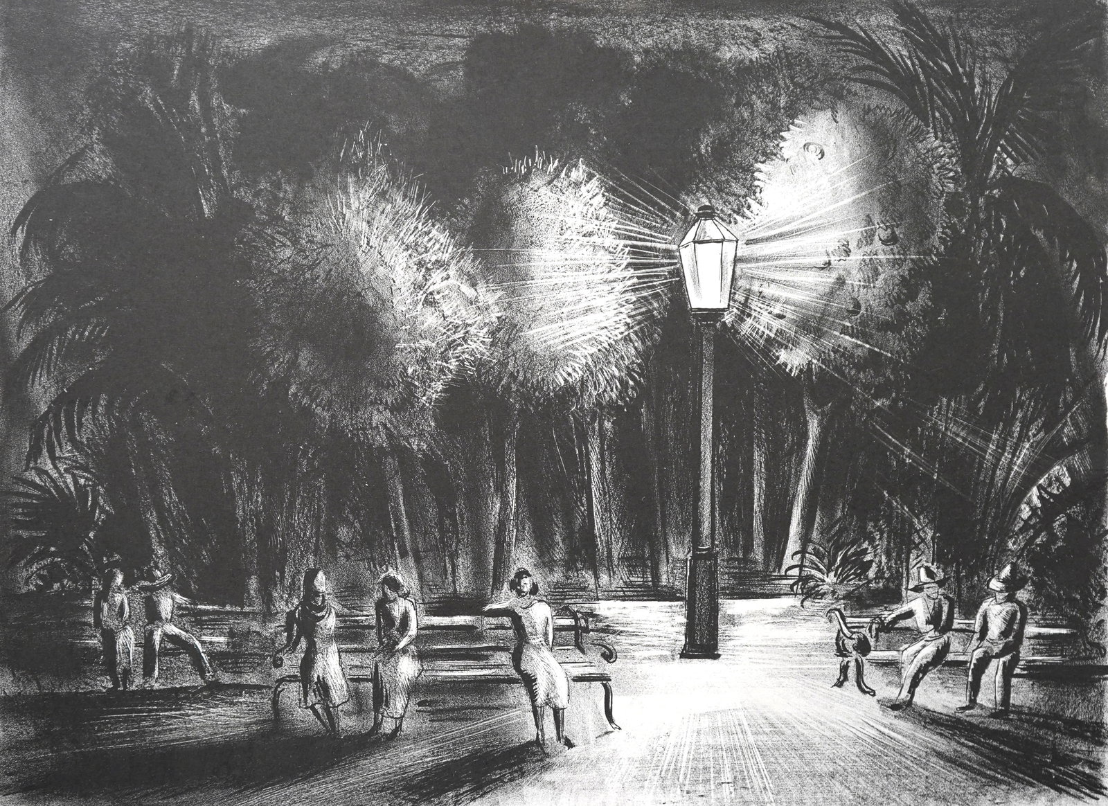 Konrad Cramer (American, 1888 - 1963) lithograph: Plaza at Night lithograph on chine colle, 1934, signed, dated and numbered 2/30 in pencil. 11 x 15" Provenance: Private collection- Denver, CO *** PLEASE READ: IMPORTANT NOTE About S&H ***