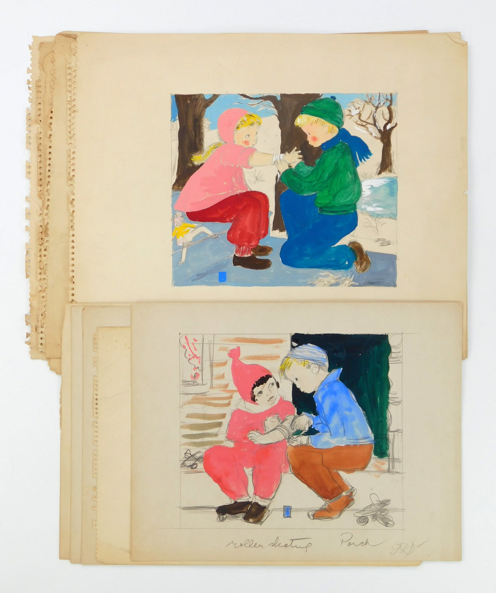 13 Gladys Rockmore Davis (American, 1901-1967) watercolor sketches: Mommy always says you’re safe when you use Johnson & Johnson 13 tempera on paper preliminary sketches, ca. 1950's, all initialed G.R. D. in pencil. 8 1/4 x 9 1/2" ea. Gl