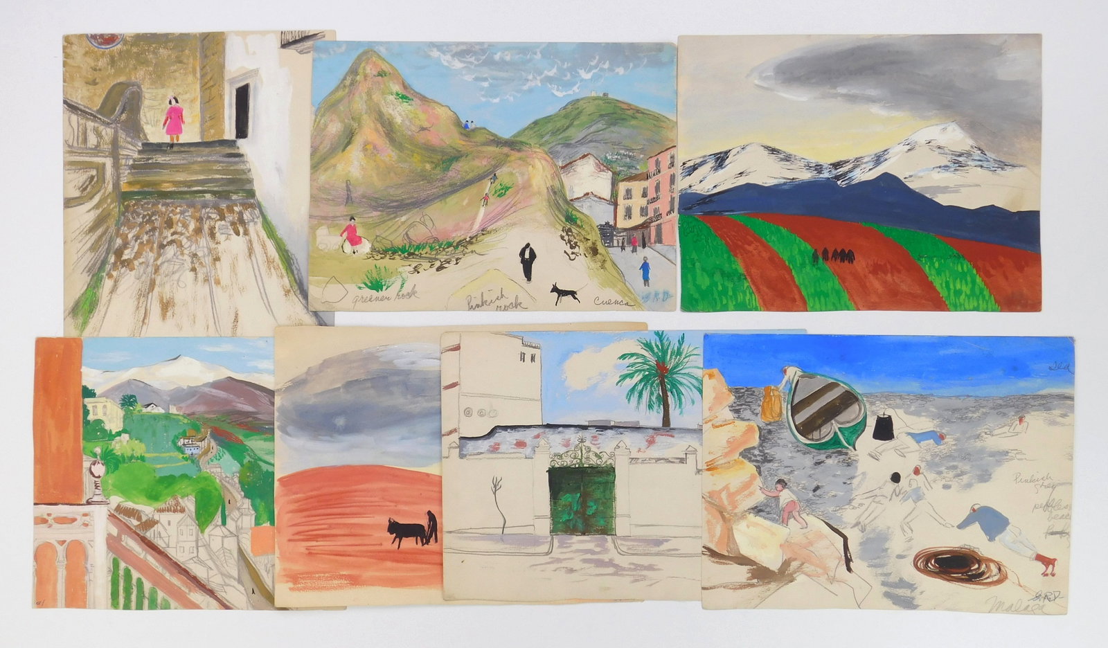 7 Gladys Rockmore Davis (American, 1901-1967) gouaches: Landscapes and Townscapes of Spain 7 gouaches on paper, initialed G>R>D. 9 1/4 x 12 1/4" (sheet) ea. Provenance: Private collection- Cleveland, OH *** PLEASE READ: IMPORTANT NOTE Abou