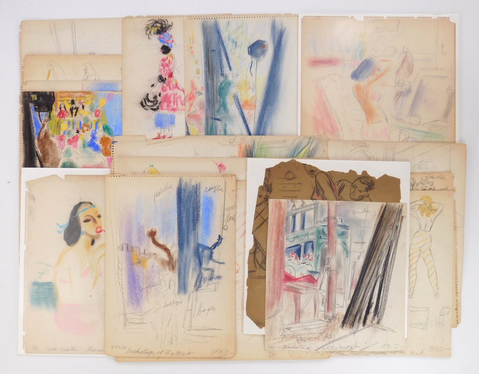 17 Gladys Rockmore Davis (American, 1901-1967) graphite studies: Backstage- Metropolitan Opera 17 graphite with color highlights on paper, each initialed G. R, D, in pencil. 14 x 16 3/4" (largest sheet) Provenance: Private collection- Cleveland, OH