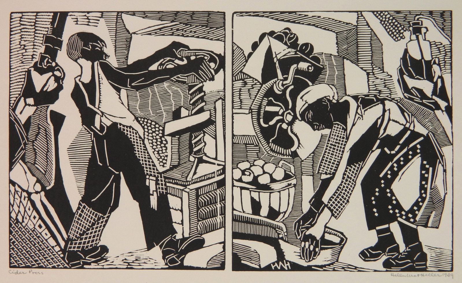 Helen West Heller (American, 1872-1955) woodcut: Cider Press woodcut, 1939, signed, titled and dated in pencil, edition of 80, done for the NYC FAP/WPA. 6 1/2 x 11 1/4'' Provenance: Private collection- Shaker Heights, OH *** PLEASE