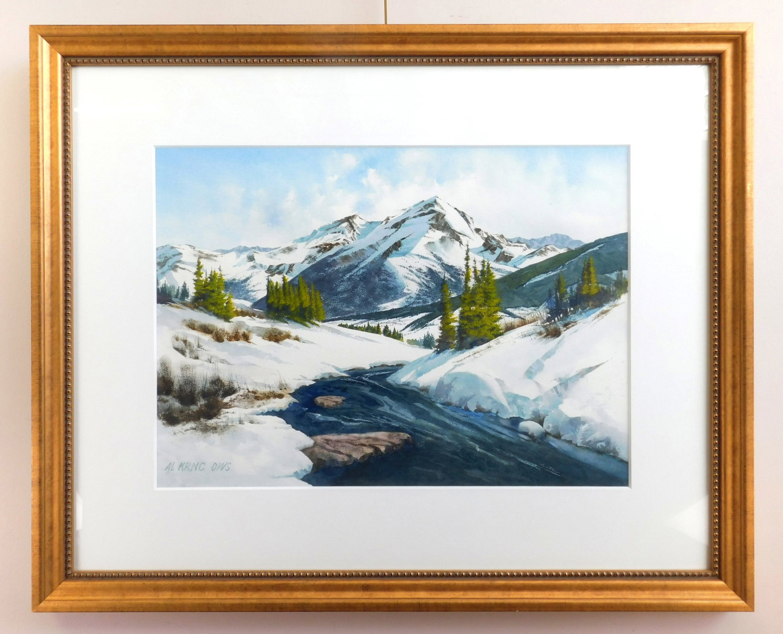 Albin Krnc (American ?- 2012) watercolor: Mountainous Winter Landscape watercolor on paper, signed Al Krnc OWS lower left, matted and framed. 20 x 28" Provenance: Private collection- Novelty, OH *** PLEASE READ: IMPORTANT NOTE Abou