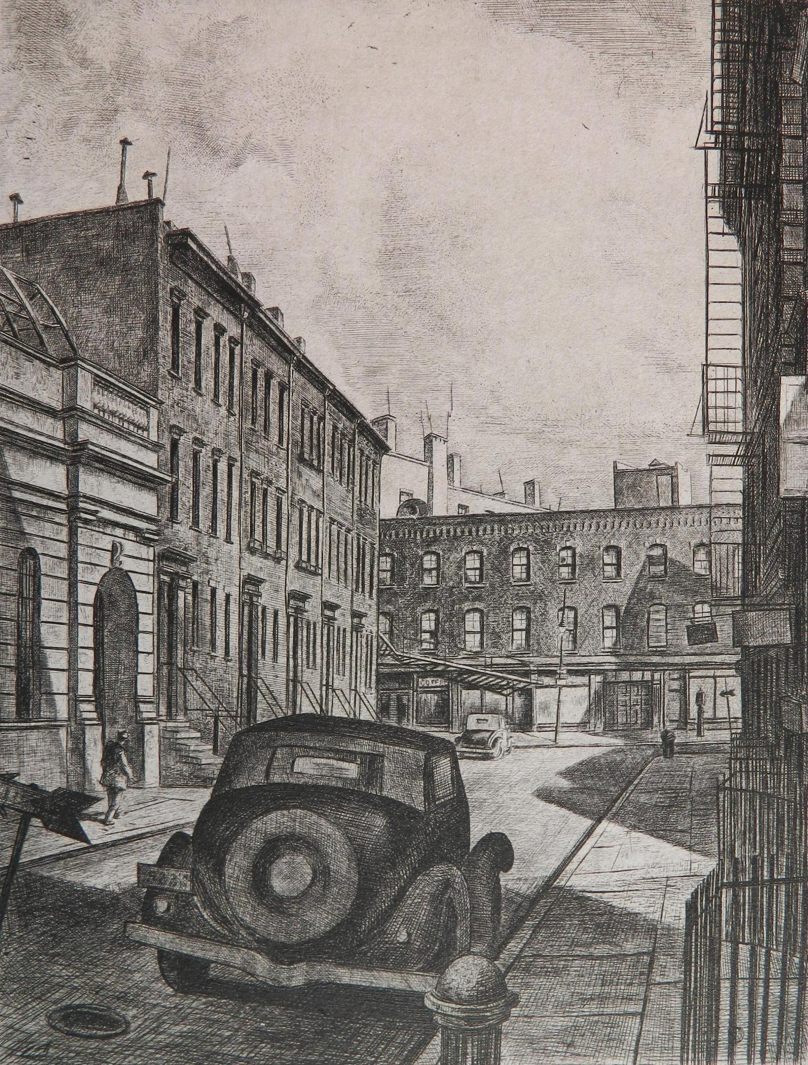 Armin Landeck (American, 1905-1984) etching: Bedford Street etching, 1938, signed, dated and annotated Ed 100 in pencil. 10 1/2 x 8'' Literature: Kraeft 68 Provenance: Private collection- Cleveland, OH *** PLEASE RE