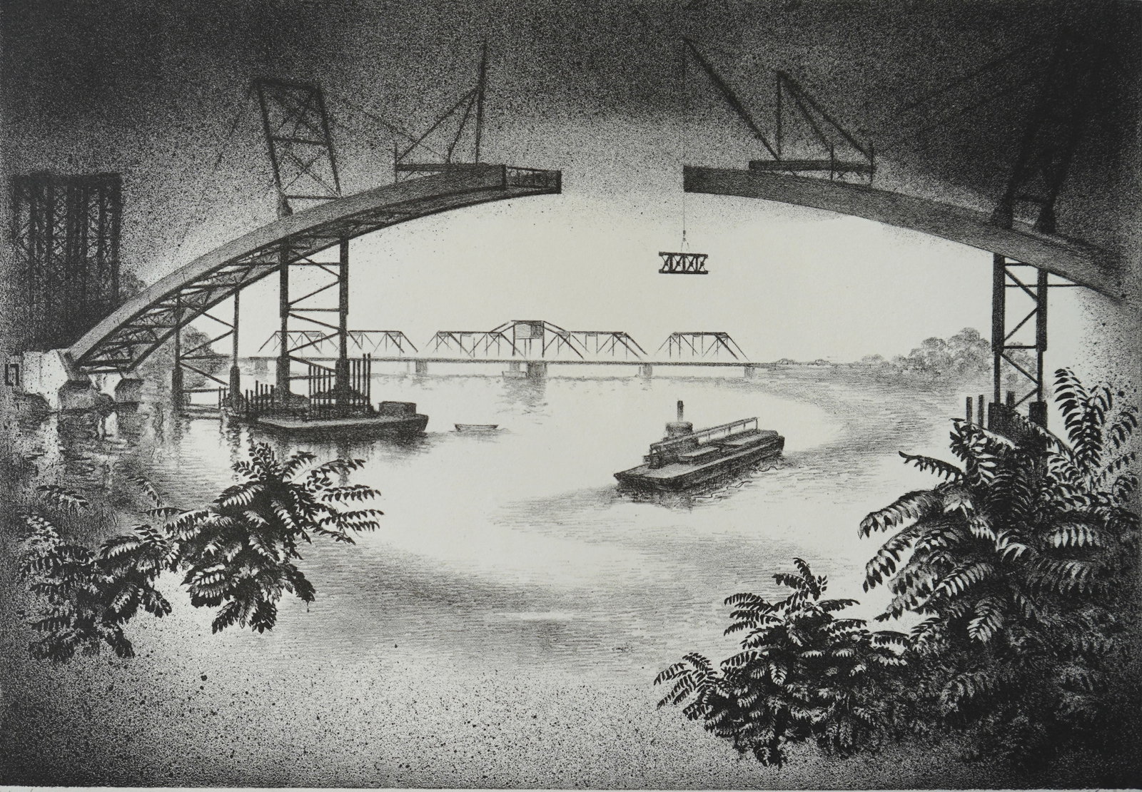 Louis Lozowick (American, 1892-1973) lithograph: Spanning the Hudson lithograph, 1936, signed, dated and numbered IV/X in pencil, printed in 1972. 9 1/8 x 13 1/4'' Literature: Flint 140 Provenance: Private collection- Denver, CO *** P