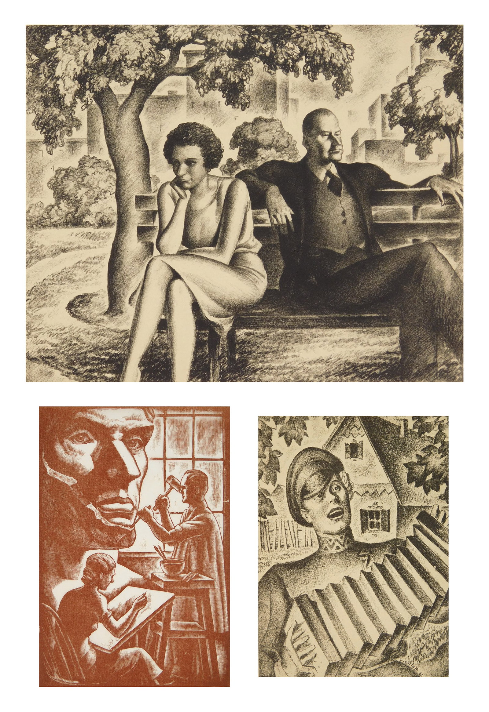 3 Gregory Orloff (American, 1890-1981) lithographs and wood engraving: Accordion Player; Quarrel in the Park & Untitled (Sculpting Lincoln) 2 lithographs and one wood engraving, Quarrel numbered 2/25 in pencil. 8 x 10" (largest)