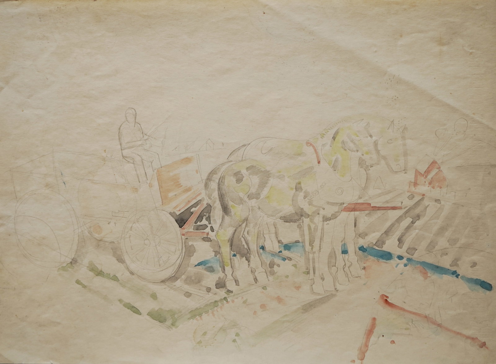 Williams Sommer (American, 1867-1949) pencil and watercolor: Cart and Horses pencil with watercolor on paper. 11 x 15" Provenance: Private collection- Peninsula, OH *** PLEASE READ: IMPORTANT NOTE About S&H *** S&H of this auction will be handled