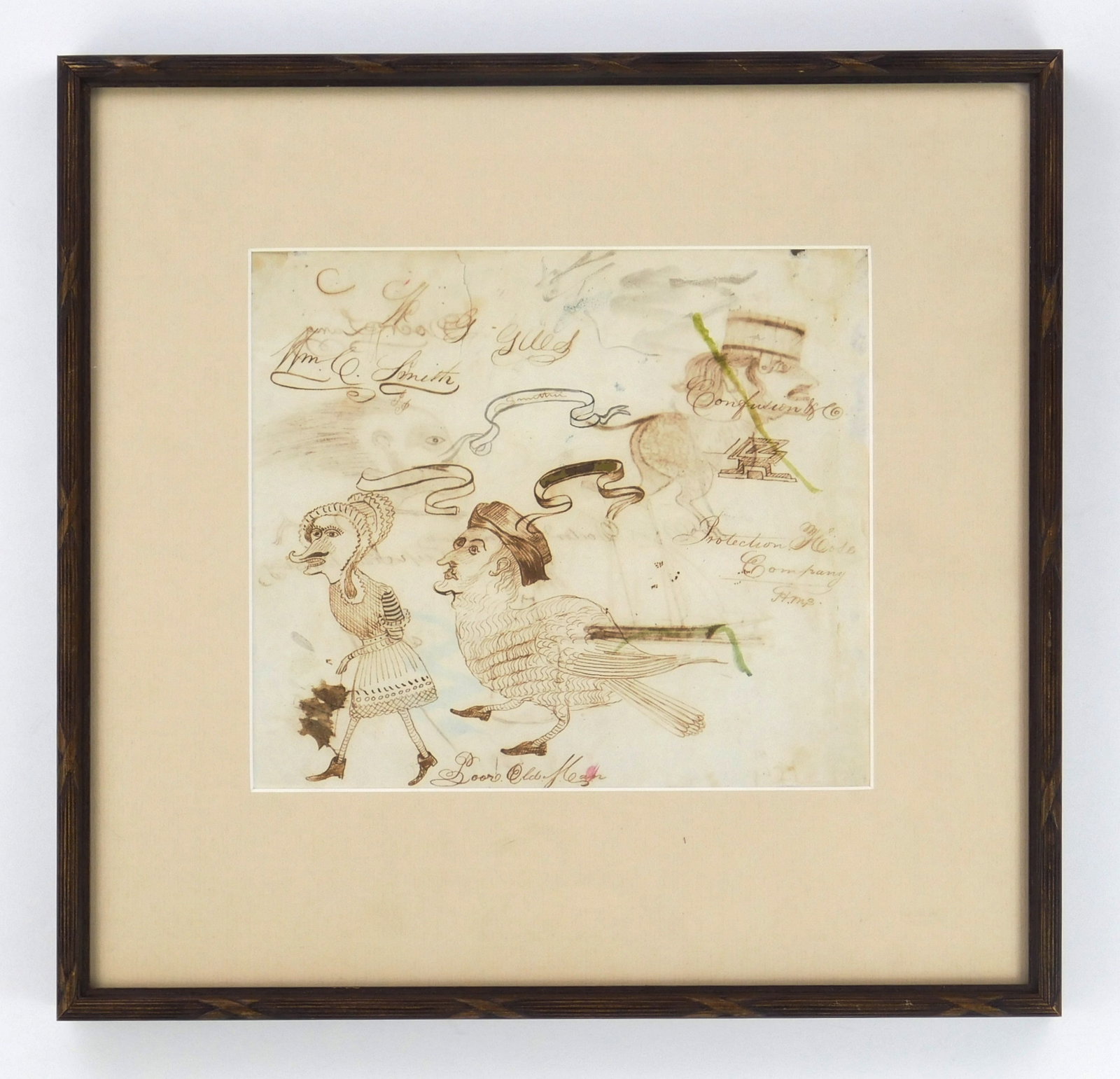 George Washington Sully (American, 1816-1890) pen and ink: Poor Old Men pen and ink on paper (double sided), tilted lower center, matted and framed. 7 x 8" Provenance: Private collection- Bay Village, OH Purchased directly from a descendant of Sully'