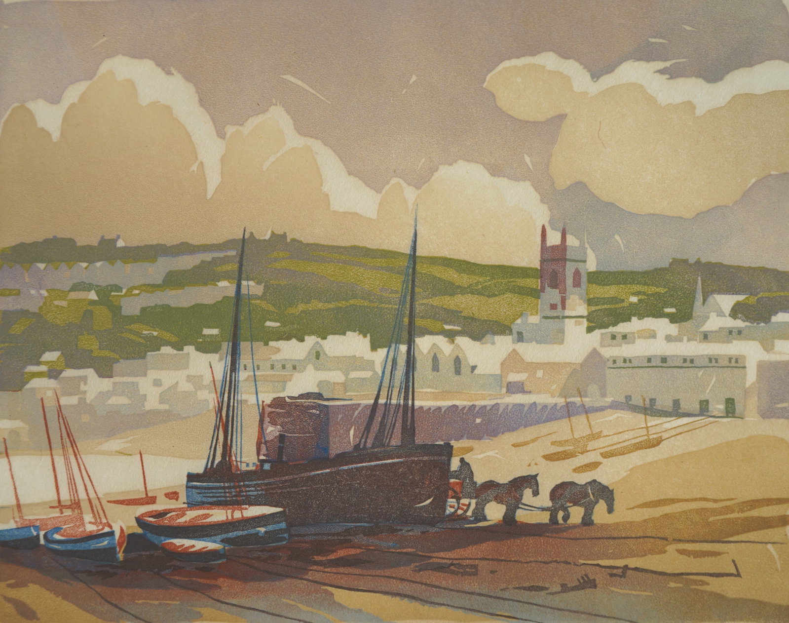 Ernest Watson (American, 1884-1969) linocut: Tide Out, St. Ives linocut in colors, 1939, signed and titled in pencil, The 1939 publication print for the Print Club of Rochester. 7 x 9" Provenance: Private collection- Denver, CO *** PL