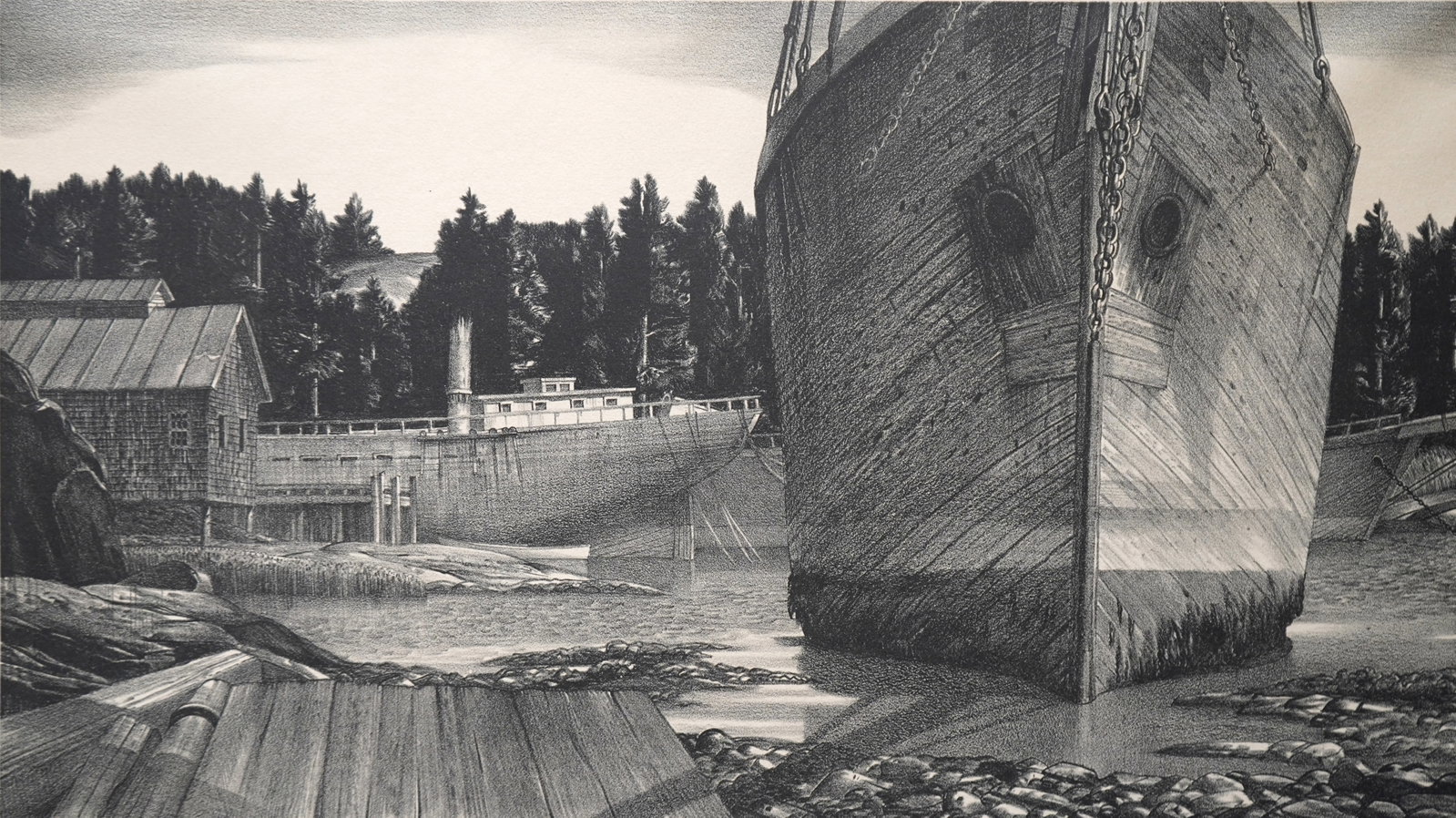 Stow Wengenroth (American, 1906-1978) lithograph: Old Ships lithograph, 1937, signed, dated and annotated 'Ed/65' in pencil. 8 7/8 x 15 5/8'' Literature: Stuckey 71 Provenance: Private collection- Denver, CO *** PLEASE READ: I