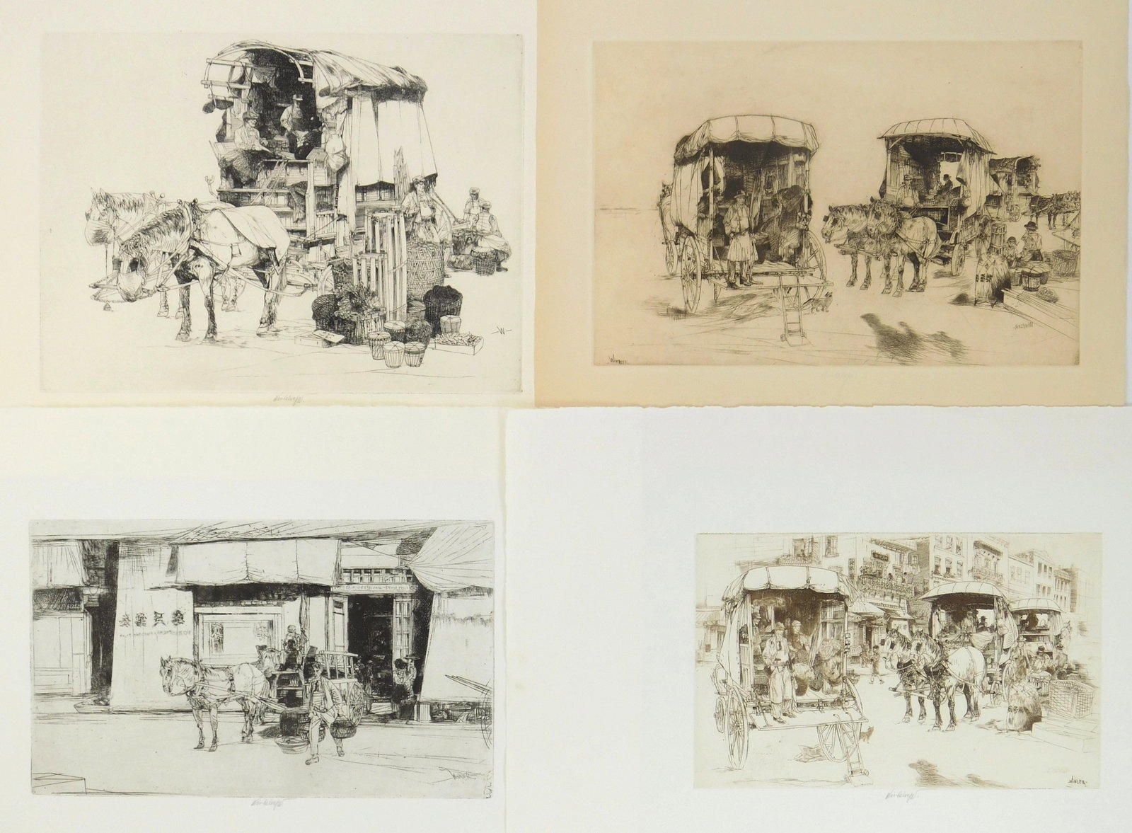 4 John Winkler (American, 1890-1979) etchings: Three Teel Wagons; Three Teel Wagons; Big Teel Wagon & Fish Wagon 4 etchings, all signed in pencil. 7 7/8 x 11 3/4" (largest) Provenance: Private collection- Cleveland, OH ***