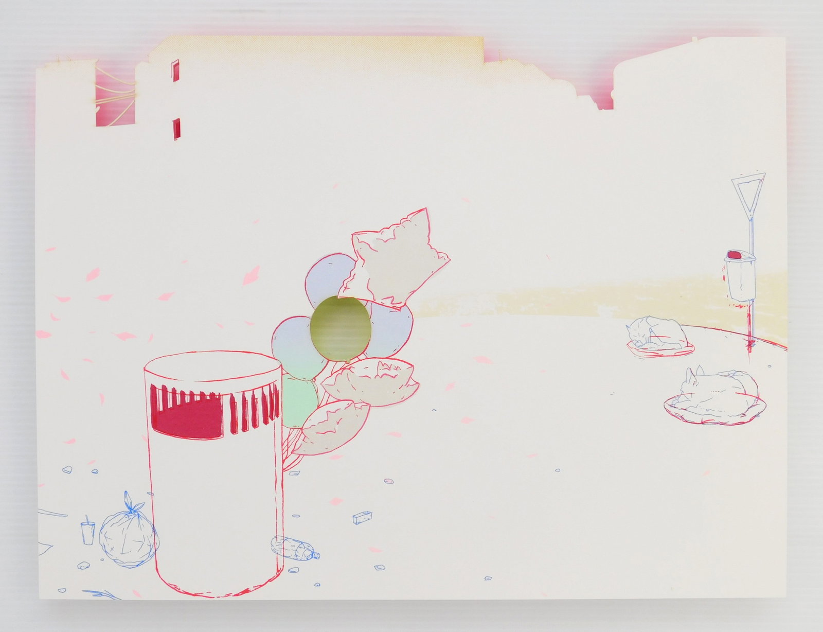 Amze Emmons (American, 1974- ) silkscreen: Levity silkscreen in colors with laser cut elements, 2018, signed, dated, titled and numbered 179/200 in pencil, The Print Club of New York 2018 publication. 15 x 20" Provenance: Priv