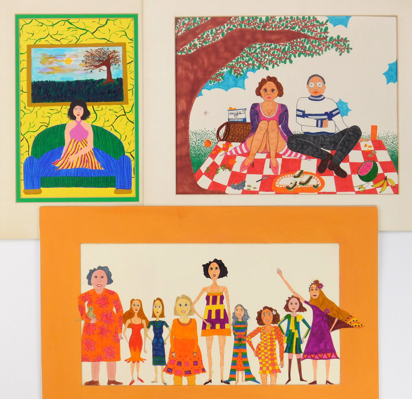3 Maida Malin (American, 20th/ 21st c.) mixed media: Woman on Couch; Couple Eating Picnic Lunch & Women 3 mixed media on illustration board, ca. 1970's, 9 x 15 1/2" (largest) Provenance: Private collection- Bay village, OH **