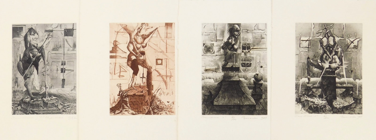 4 Igor Podolchak (Ukrainian, 1962- ) etchings: Untitled 4 etchings, 1982 (2) and 1989 (2), all signed, titled (illegibly) and dated in pencil. 5 1/2 x 4" ea. Provenance: Private collection- Cleveland, OH *** PLEASE READ: IMPORTANT NOTE 