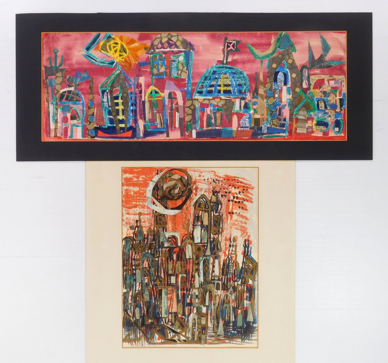2 Shula Tal (Israeli 1919-2005) mixed media on paper: 1). Cityscape- mixed media on paper, signed Shula Tal lower right, artist's letter to children inscribed verso, paper slightly age toned, tape residue along edges verso. 9 1/4 x 26''