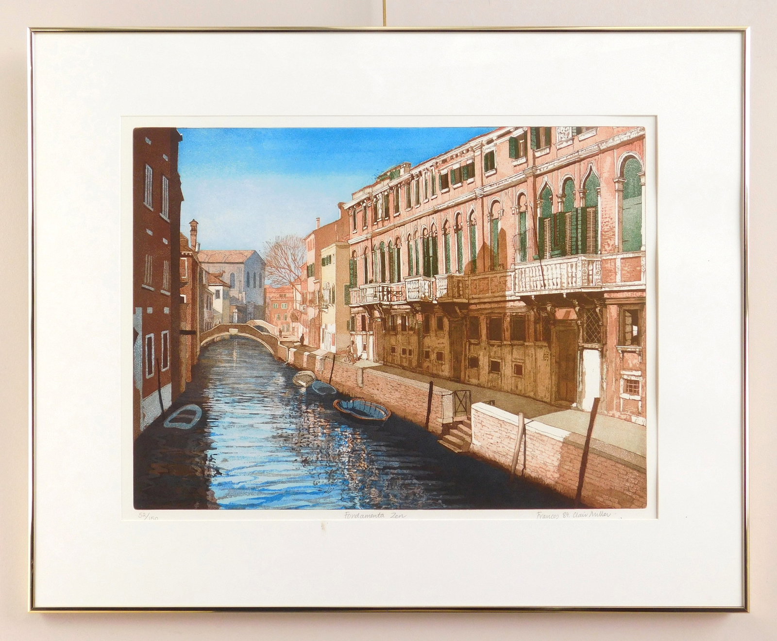 Francis St. Clair Miller (British, 1947- ) etching in colors: Fondamenta Zen etching in colors, signed, titled and numbered 52/150 in pencil. 17 1/4 x 23 1/8" Provenance: A Cleveland area non-profit *** PLEASE READ: IMPORTANT NOTE About S&H ***</