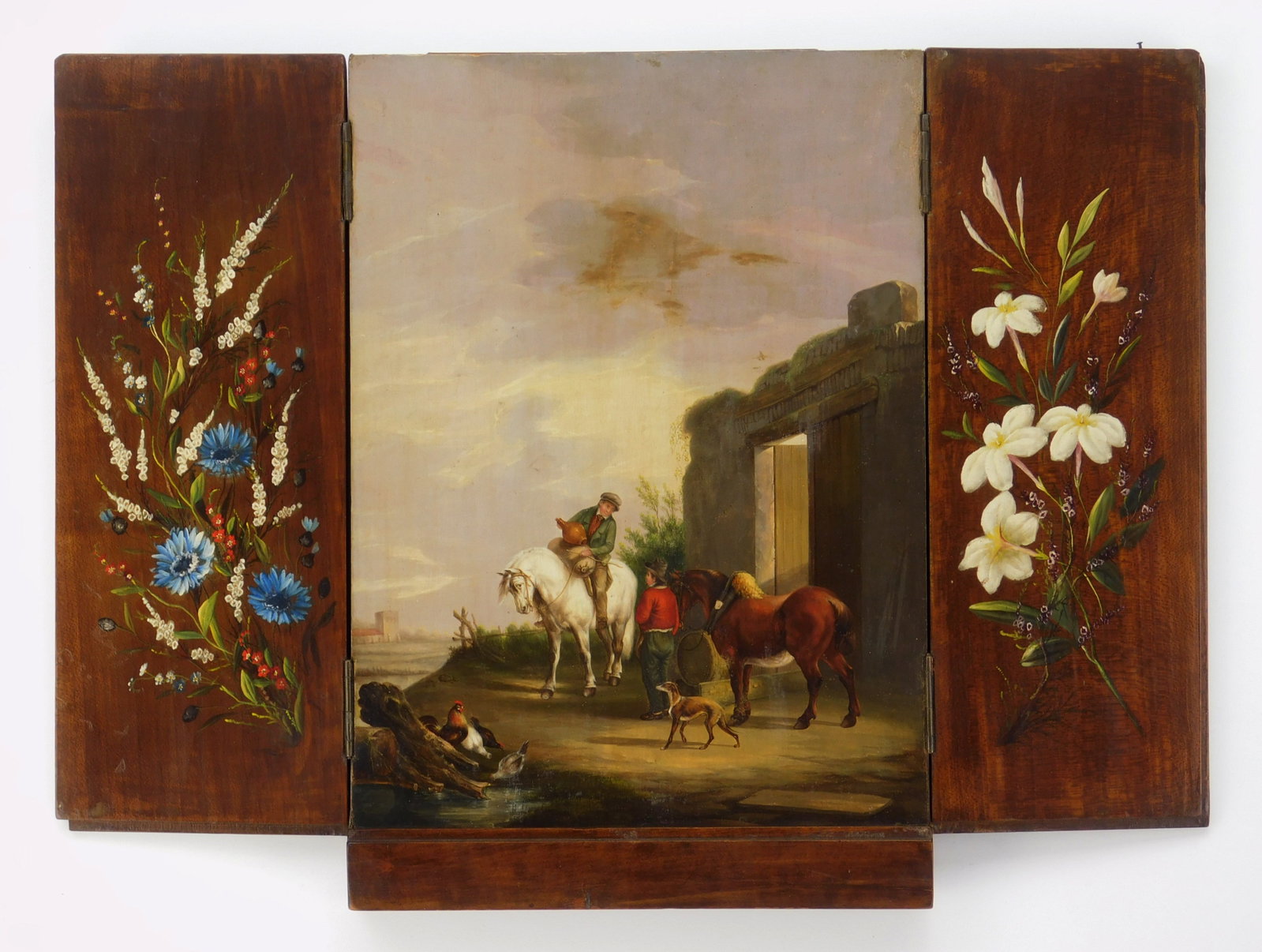 17th c. Dutch style folding table top screen: in the style of Philips Wouwerman, central panel of horse and rider flanked by 2 panels decorated with floral studies verso and rector. 12 1/2 x 17" (open) Provenance: Private collection- G
