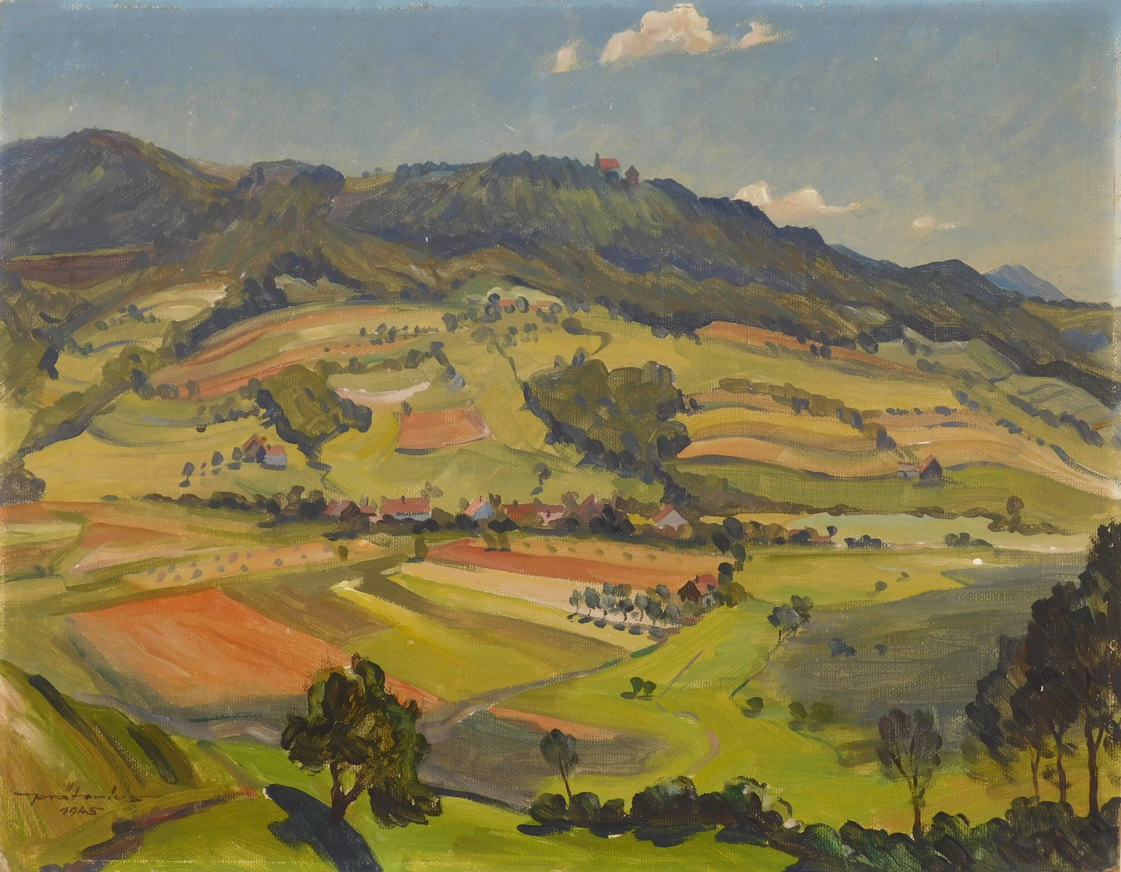 20th c. German School oil: Bird's Eye View of the Countryside oil on Masonite, 1945, signed Pratorius 1945 lower left. 14 x 18" Provenance: Private collection- Cleveland, OH *** PLEASE READ: IMPORTANT NOTE About 