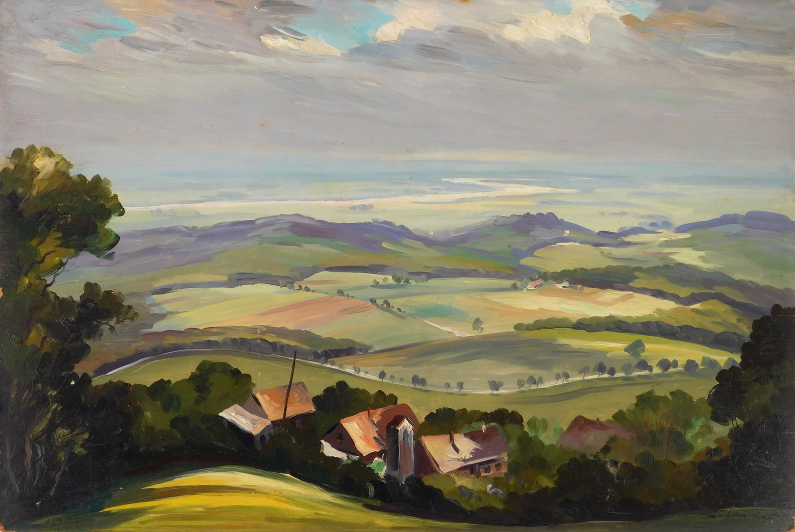 20th c. German School oil: Bird's Eye View of the Countryside oil on Masonite, 1946, signed Pratorius lower right. 16 x 23 1/2" Provenance: Private collection- Cleveland, OH *** PLEASE READ: IMPORTANT NOTE About 