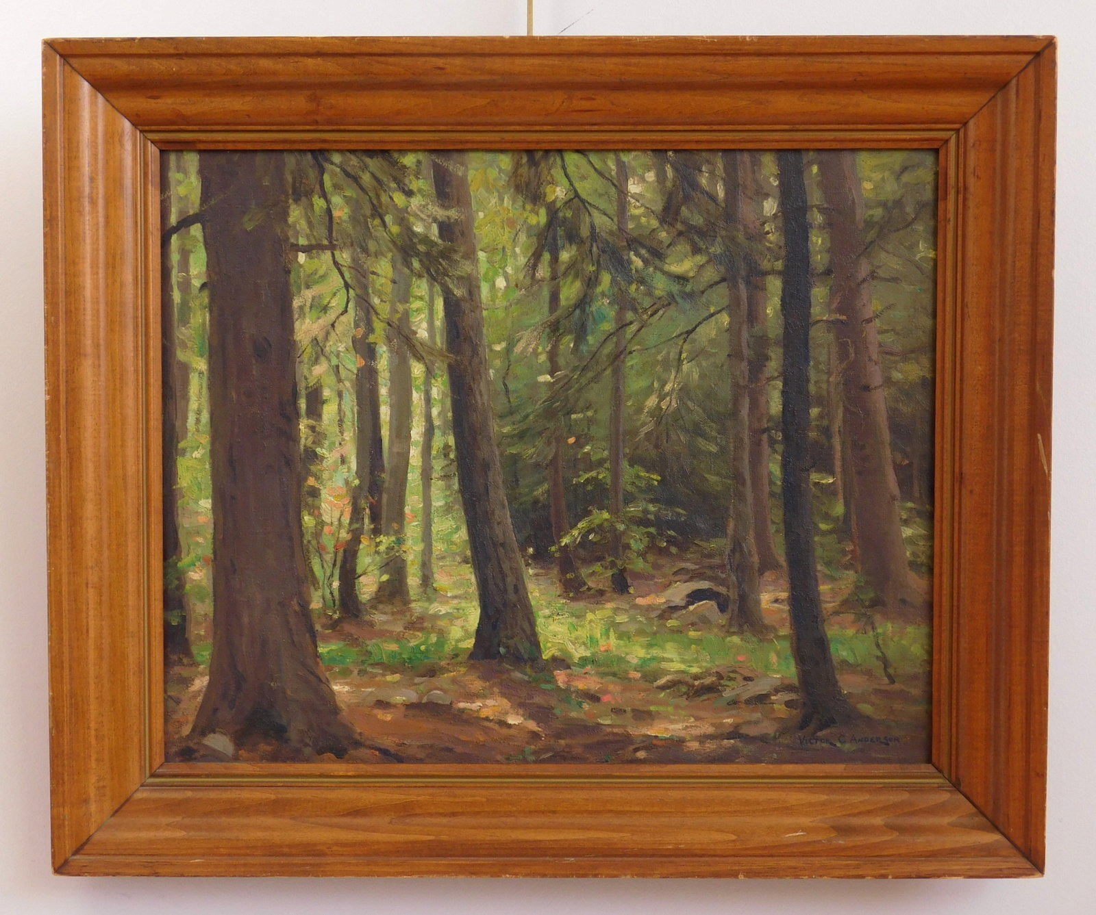 Victor C. Anderson (American, 1882-1937) oil: Hemlock Woods oil on canvas board, ca.1934, signed Victor C. Anderson lower right, framed. 16 x 20" Provenance: Private collection- Shaker Heights, OH *** PLEASE READ: IMPORTANT NOTE About 