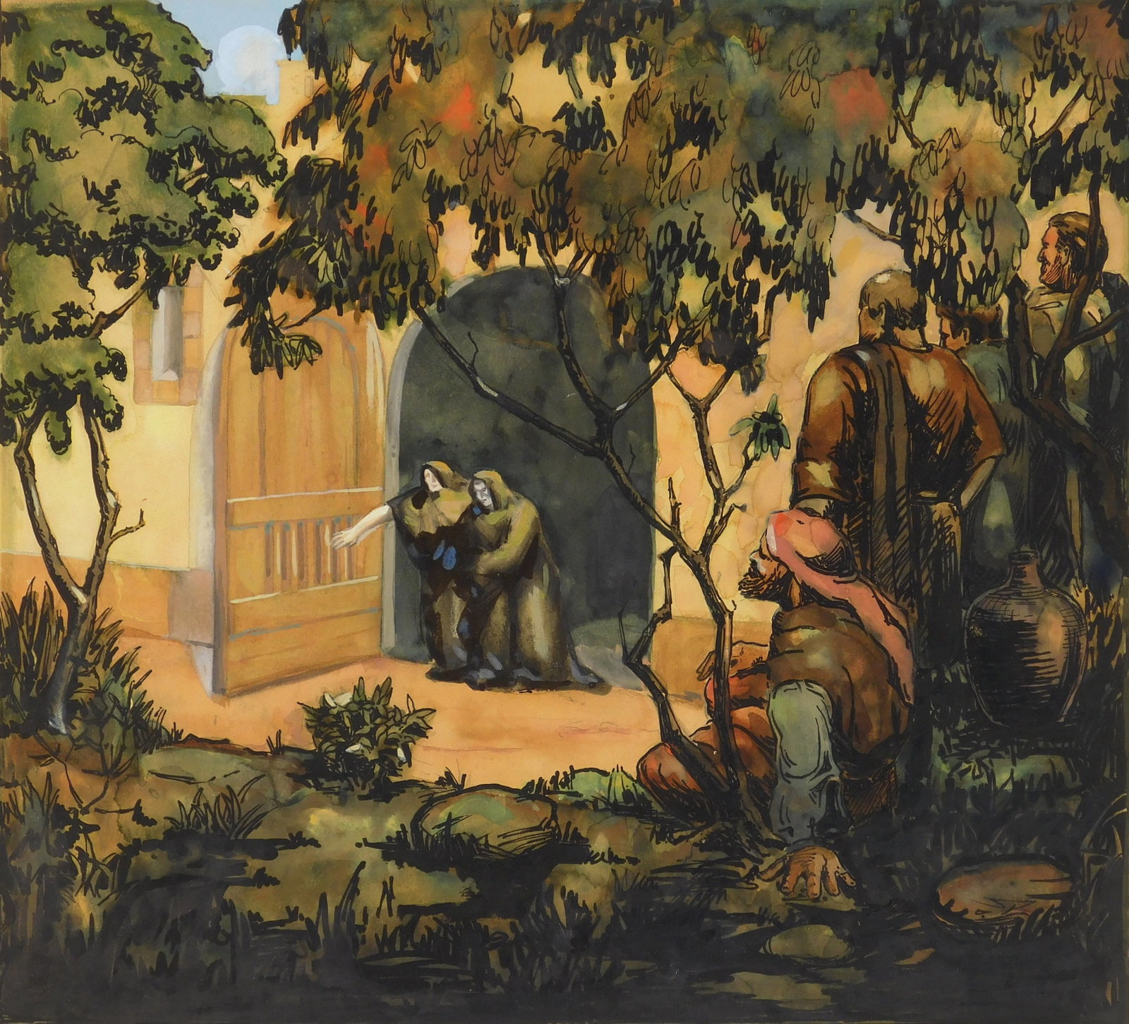 20th c. American School watercolor: Monks Exiting a Monastery watercolor and pen and ink on illustration board. 14 x 15 1/2" Provenance: Private collection- Chagrin Falls, OH *** PLEASE READ: IMPORTANT NOTE About S&H *** S