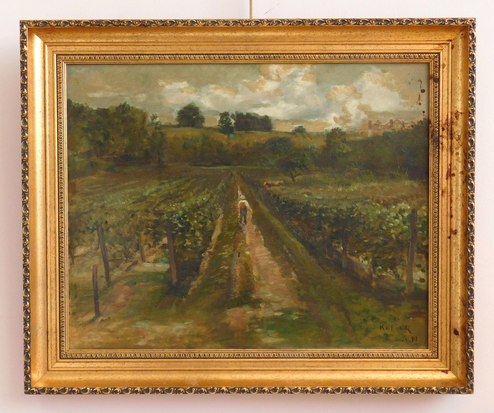 Henry G. Keller (American, 1869-1949) oil: In The Vineyard oil on canvas (relined), singed Keller K. M. lower right, framed. 16 x 20" Provenance: Private collection- Gates Mills, OH *** PLEASE READ: IMPORTANT NOTE About S&H *** S&H