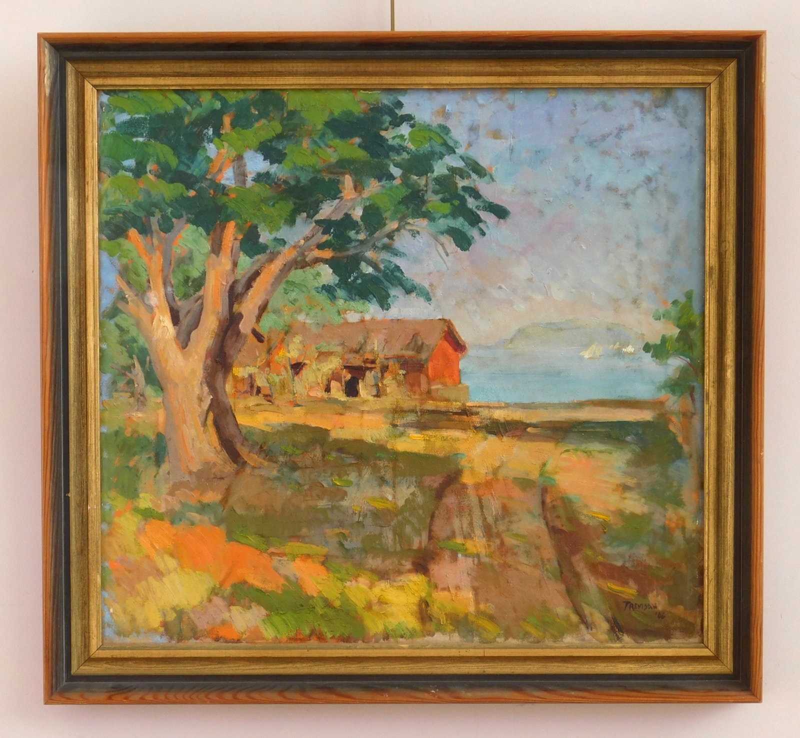 20th c. American School oil: Summer Landscape with House Near a Lake oil on canvas, 1946, signed Trevisan 46- lower right, framed. 22 x 24" Provenance: Private collection- Beachwood, OH *** PLEASE READ: IMPORTANT NOTE About 