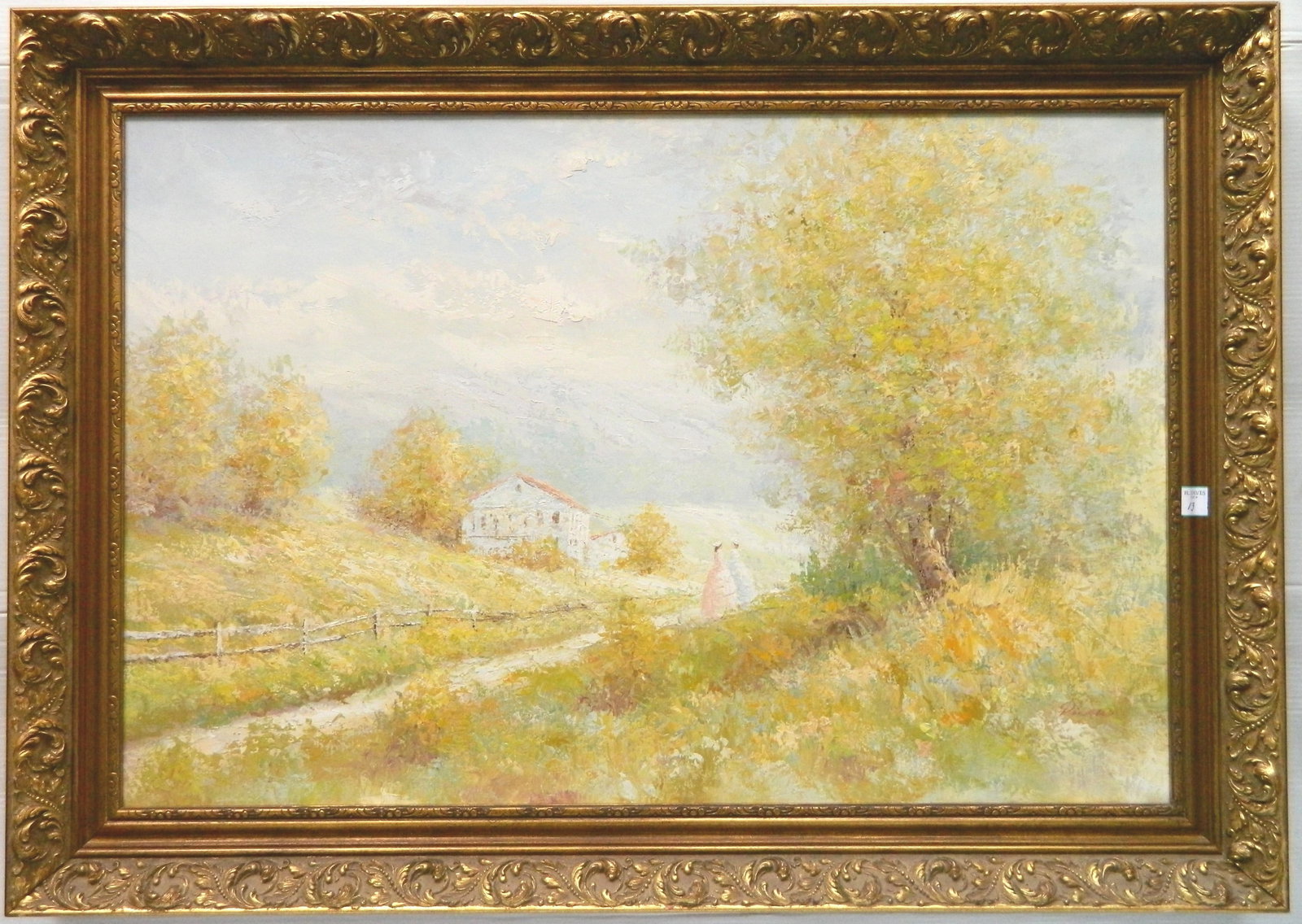 20th c. American School oil: Landscape with Two Women by House oil on canvas, signed 'Picard' lower right, framed. 24 x 36'' Provenance: Private collection- Avon Lake, OH *** PLEASE READ: IMPORTANT NOTE About S&H 