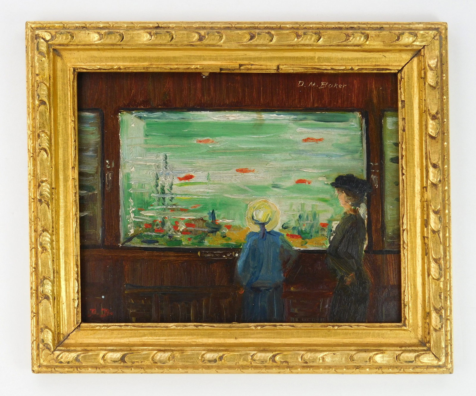 D. M. Baker (American, 20th c.) oil: At The Aquarium oil on panel, signed D. M. Baker upper right and initialed DB lower left, framed. 8 x 10" Provenance: Private collection- Cleveland, OH *** PLEASE READ: IMPORTANT NOTE 