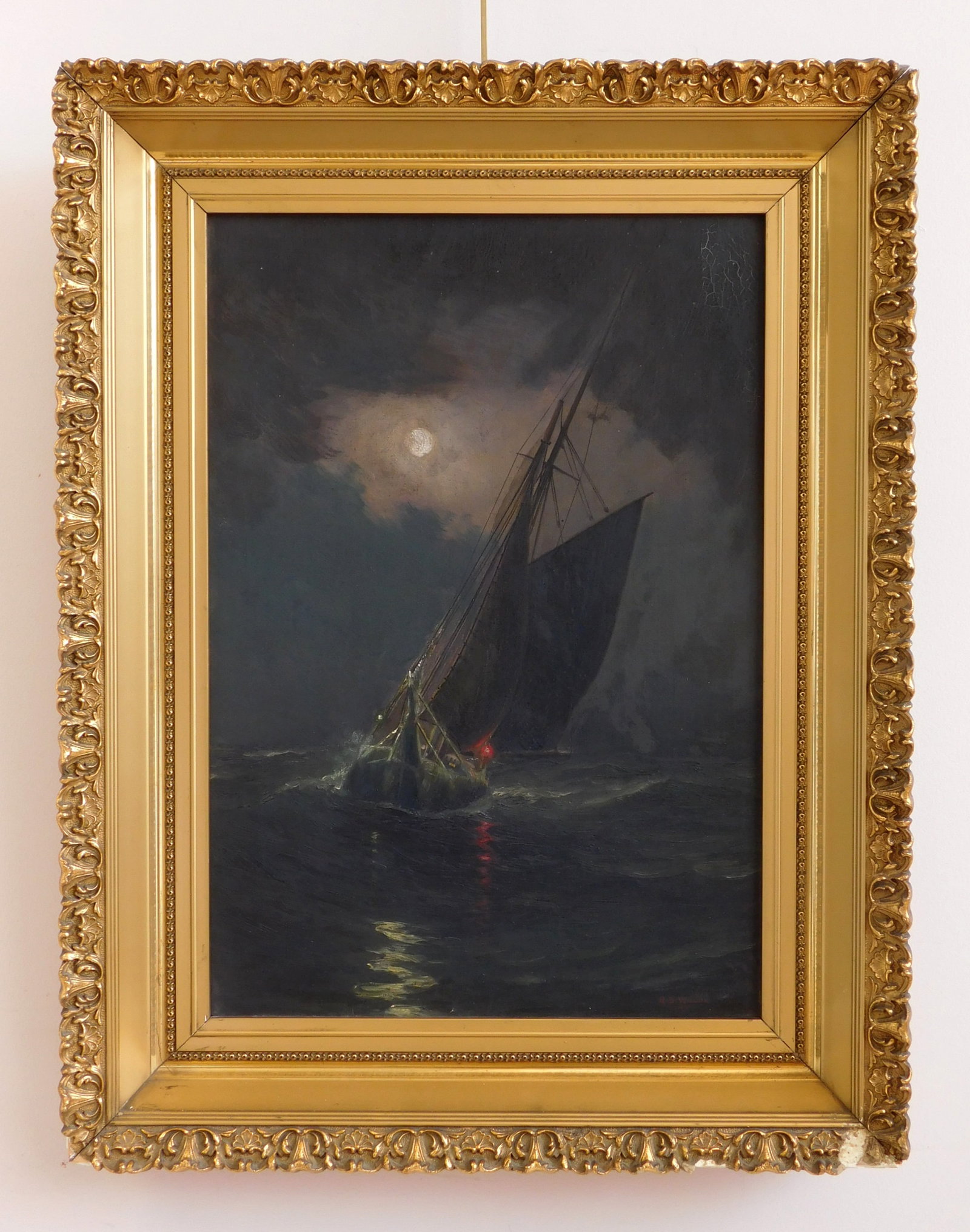 Ruth D. Wilcox (American, 1908-1999) oil: Sailboat in the Moonlight oil on canvas, signed R. D. Wilcox lower right, framed. 20 x 14" Provenance: Private collection- Chagrin Falls, OH *** PLEASE READ: IMPORTANT NOTE About S&H ***