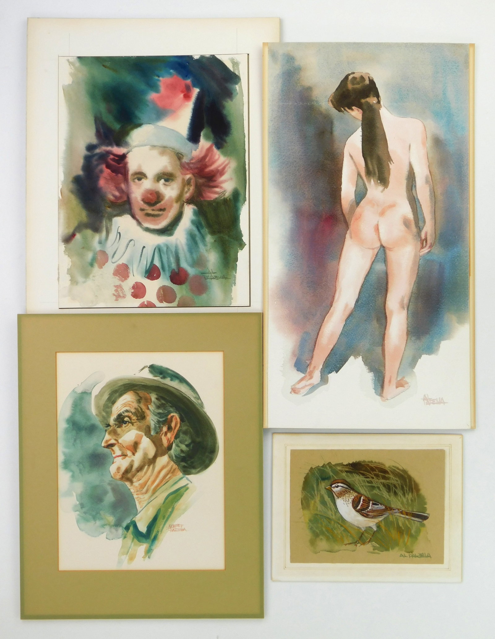 4 Albert Parella (American, 1909-1999) watercolors: Man in Profile; Clown ; Standing Nude & Bird 4 watercolors on paper, all signed lower right, framed. 18 x 9 1/2" (largest) Provenance: Private collection- Fort Wayne, IN