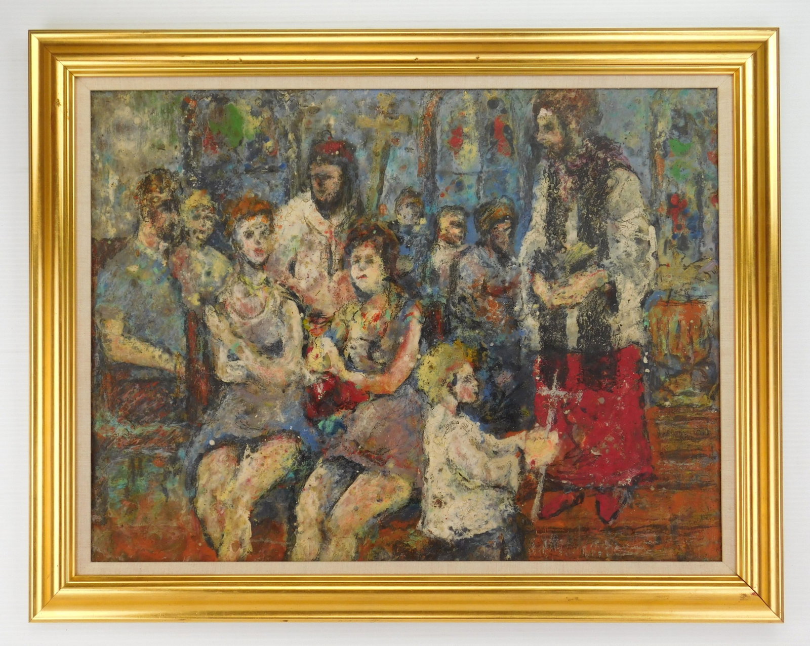 20th c. American School oil: Figures in a Church encaustic wax on panel, framed. 18 x 24" Provenance: Private collection- Cleveland, OH *** PLEASE READ: IMPORTANT NOTE About S&H *** S&H of this auction will be
